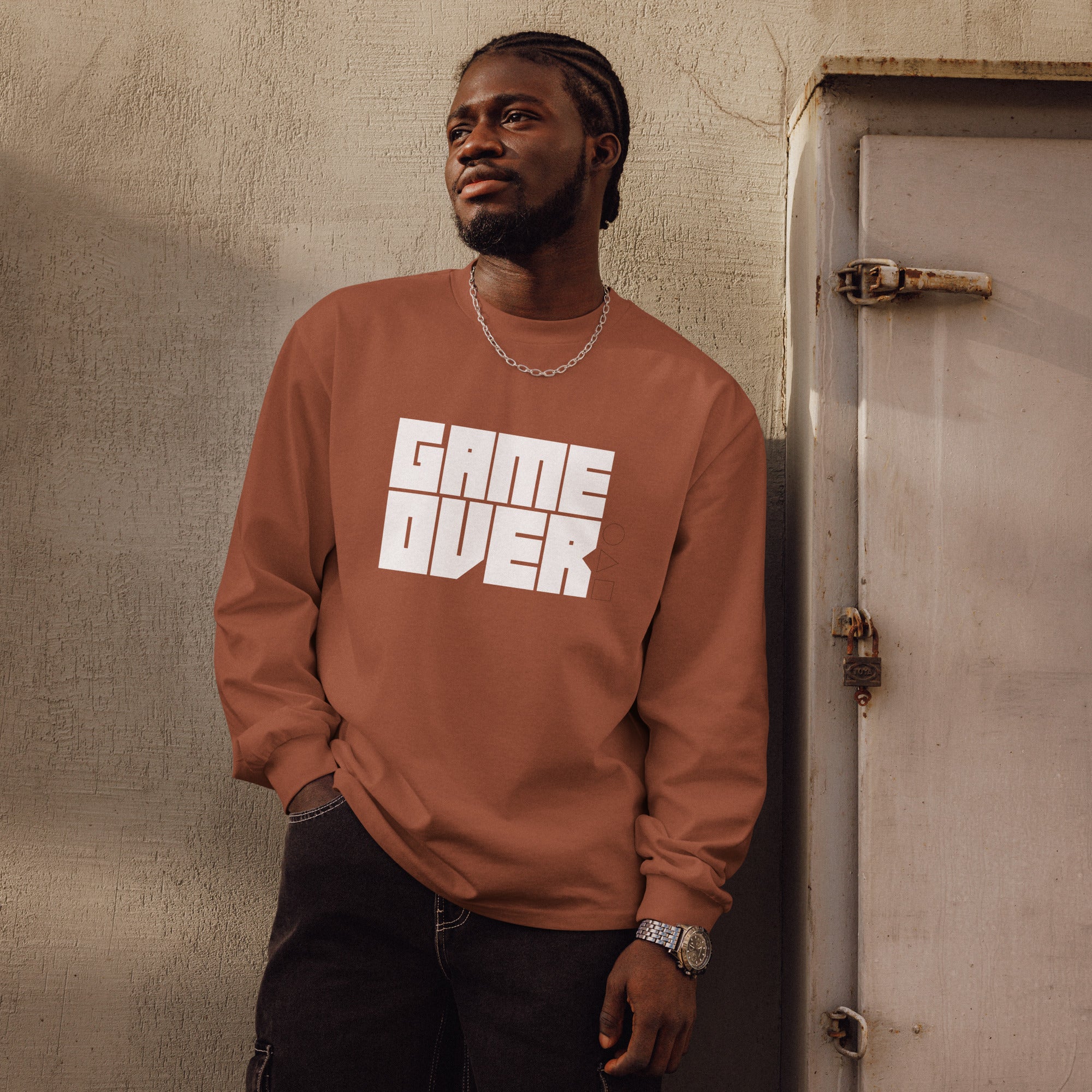 Unisex Premium Heavyweight Long Sleeve Shirt | Game Over long sleeve shirt AwRans Clothing unisex-premium-heavyweight-long-sleeve-shirt-clay-front-67f2c242883c5