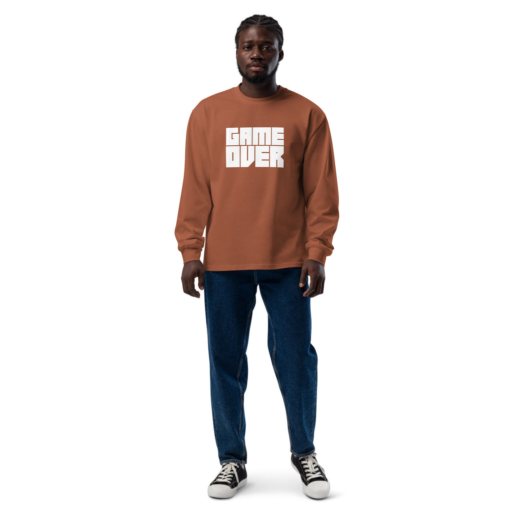 Unisex Premium Heavyweight Long Sleeve Shirt | Game Over long sleeve shirt AwRans Clothing unisex-premium-heavyweight-long-sleeve-shirt-clay-front-67f2c2428b15e