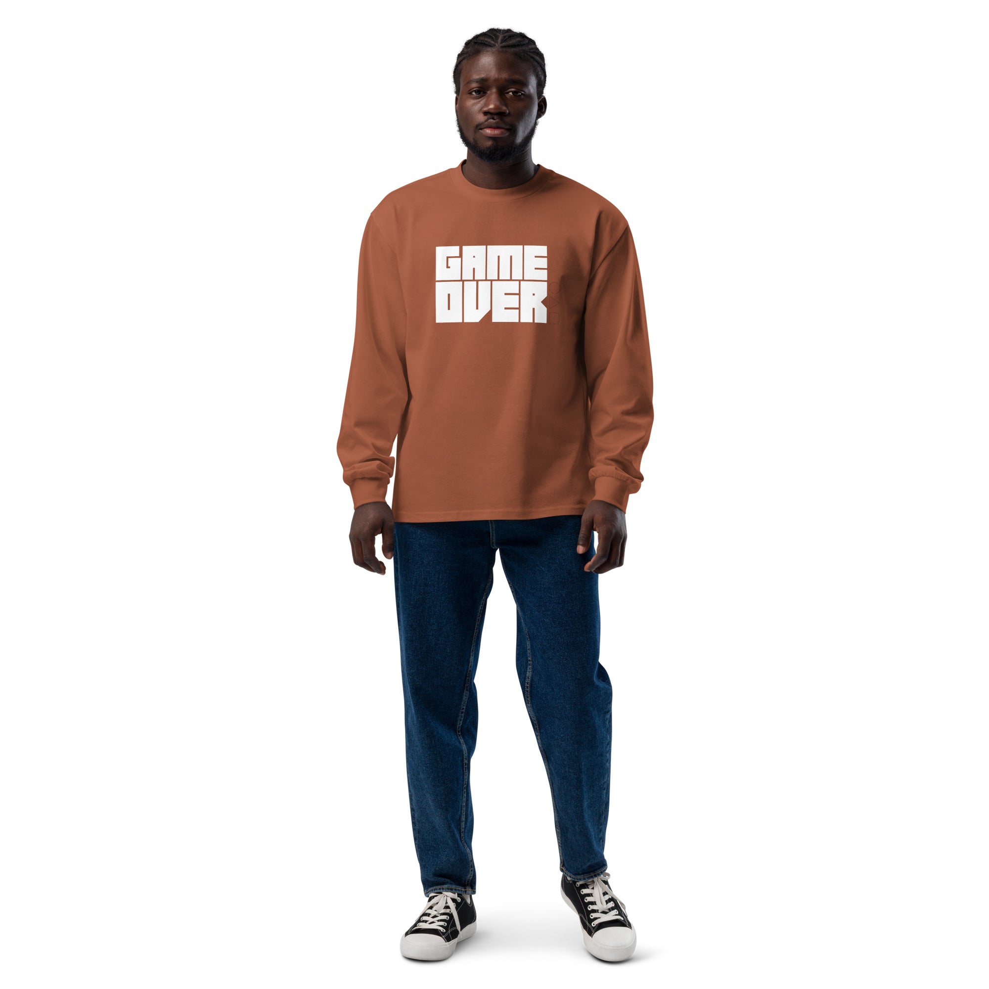 Unisex Premium Heavyweight Long Sleeve Shirt | Game Over long sleeve shirt AwRans Clothing unisex-premium-heavyweight-long-sleeve-shirt-clay-front-67f2c2428b15e