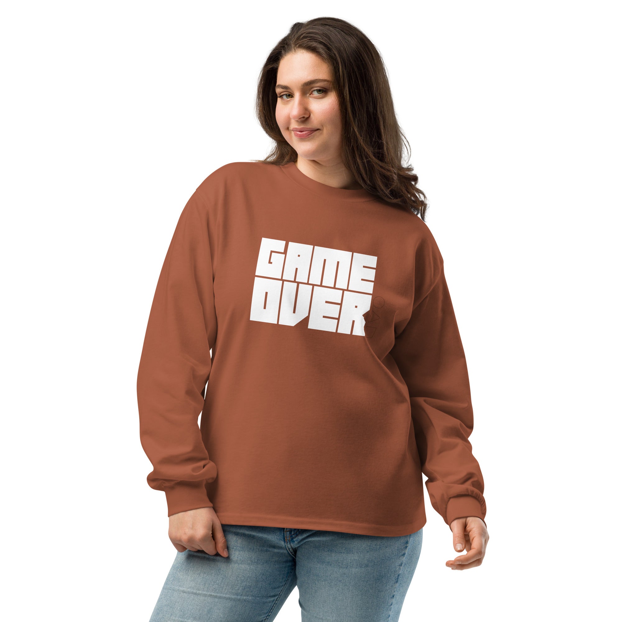 Unisex Premium Heavyweight Long Sleeve Shirt | Game Over long sleeve shirt AwRans Clothing unisex-premium-heavyweight-long-sleeve-shirt-clay-front-67f2c2428e025