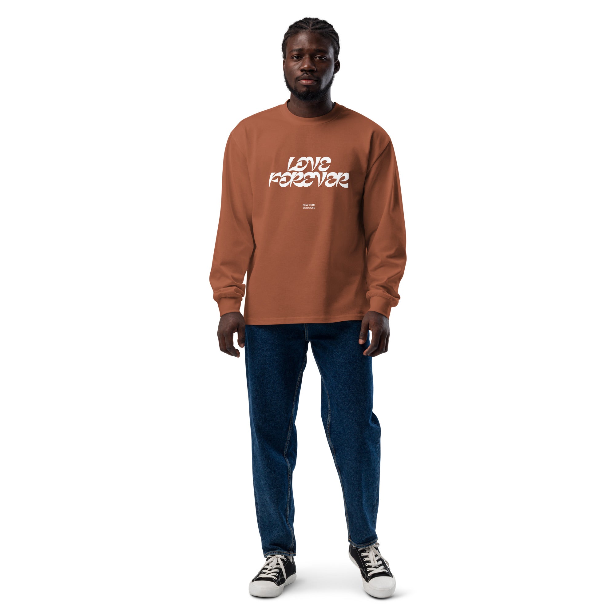 Unisex Premium Heavyweight Long Sleeve Shirt | Love Forever long sleeve shirt AwRans Clothing unisex-premium-heavyweight-long-sleeve-shirt-clay-front-67f2c2d8789e8