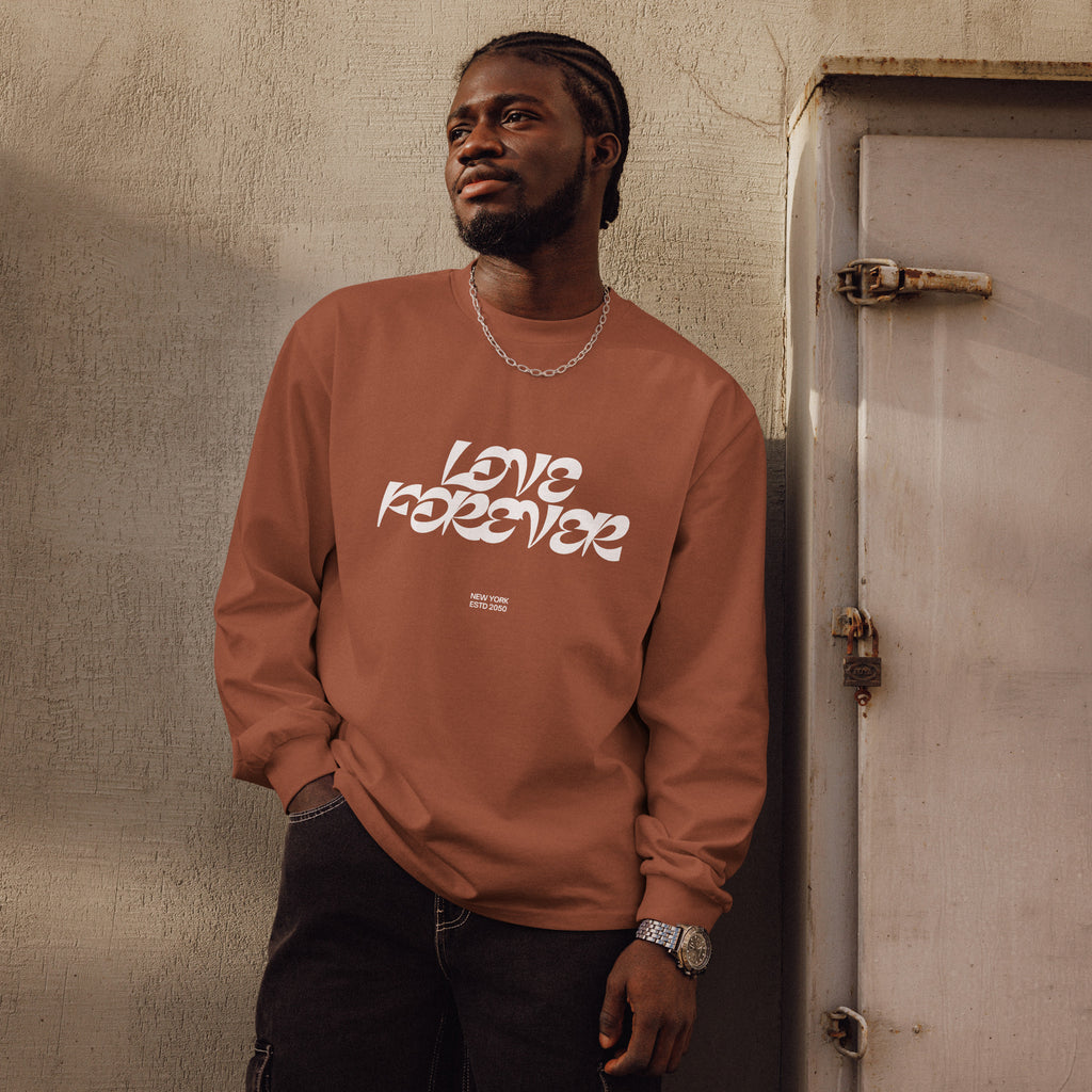 Unisex Premium Heavyweight Long Sleeve Shirt | Love Forever long sleeve shirt AwRans Clothing unisex-premium-heavyweight-long-sleeve-shirt-clay-front-67f2c2d87b8a2