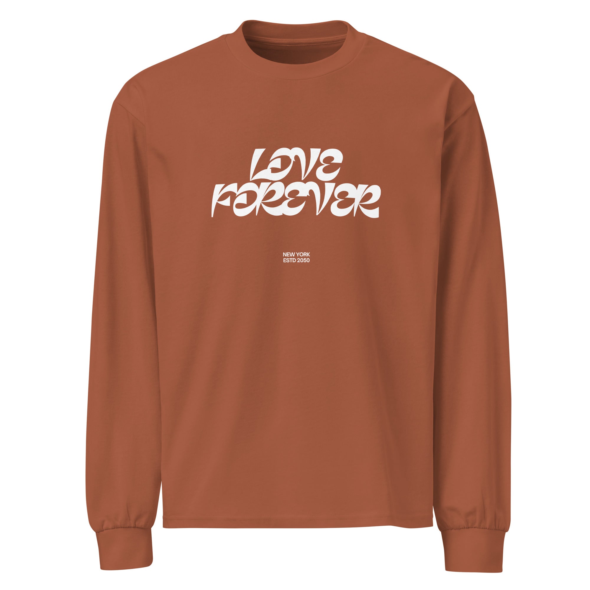 Unisex Premium Heavyweight Long Sleeve Shirt | Love Forever Clay long sleeve shirt AwRans Clothing unisex-premium-heavyweight-long-sleeve-shirt-clay-front-67f2c2d8b3c62