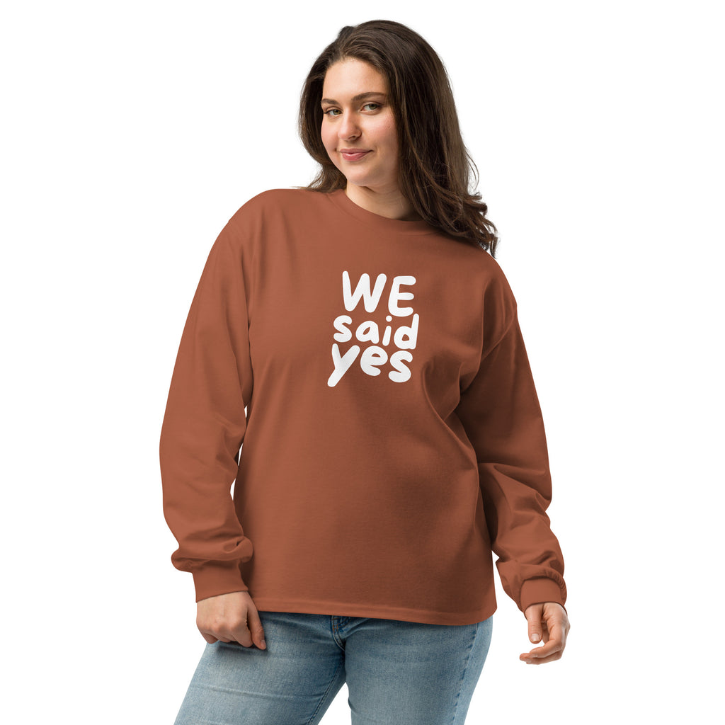 Unisex Premium Heavyweight Long Sleeve Shirt | We Said Yes long sleeve shirt AwRans Clothing unisex-premium-heavyweight-long-sleeve-shirt-clay-front-67f2c367e8c8b