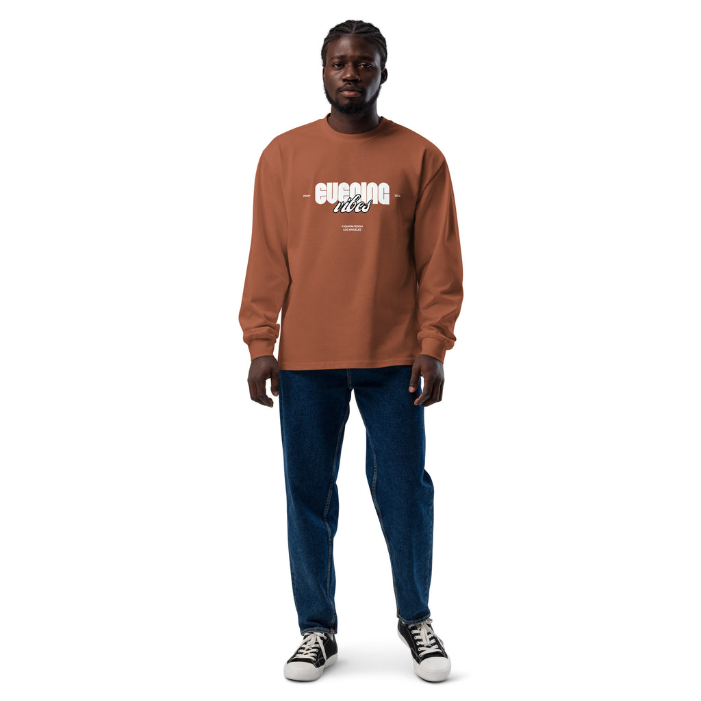Unisex Premium Heavyweight Long Sleeve Shirt | Evening Vibes long sleeve shirt AwRans Clothing unisex-premium-heavyweight-long-sleeve-shirt-clay-front-67f2c416e49ec