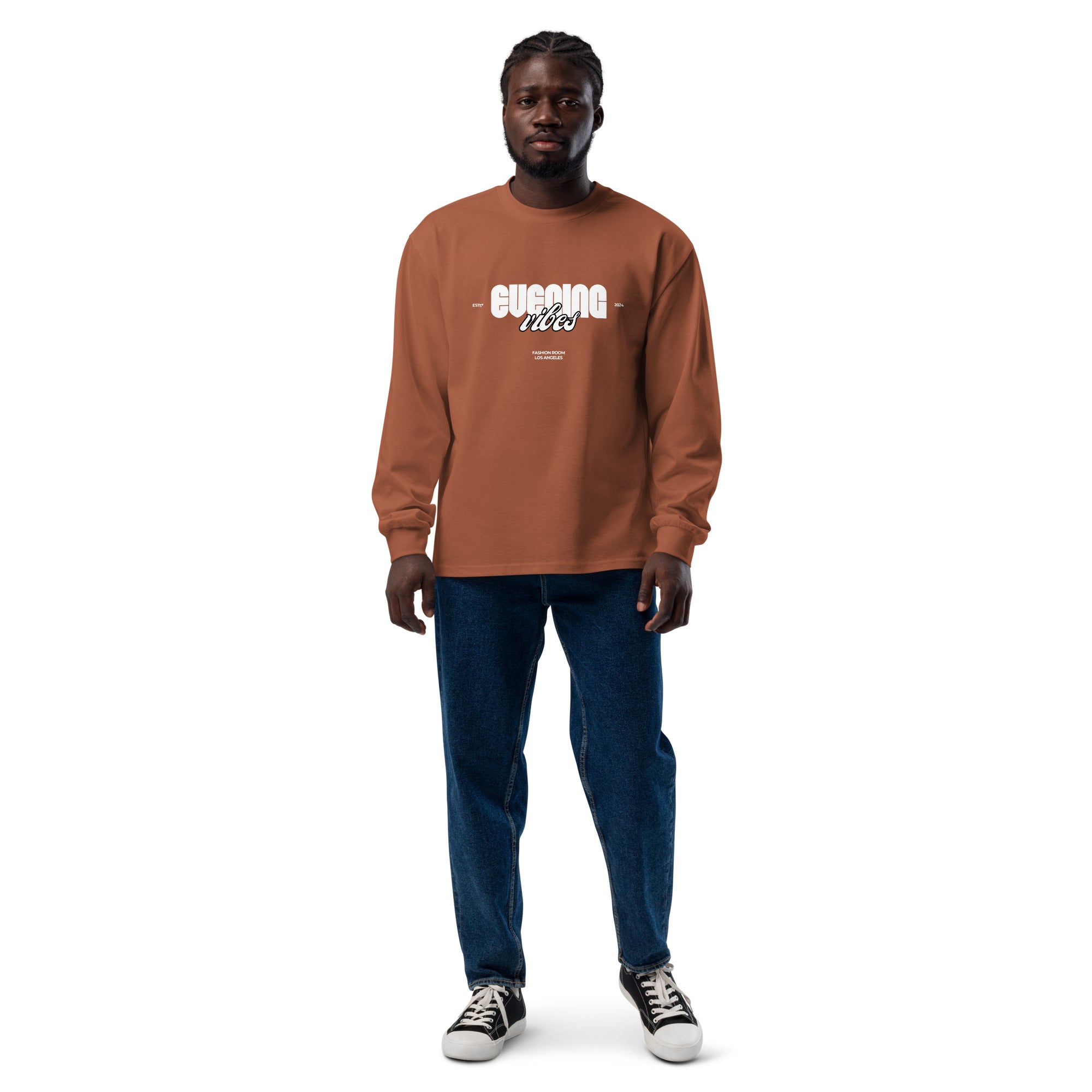 Unisex Premium Heavyweight Long Sleeve Shirt | Evening Vibes long sleeve shirt AwRans Clothing unisex-premium-heavyweight-long-sleeve-shirt-clay-front-67f2c416e49ec