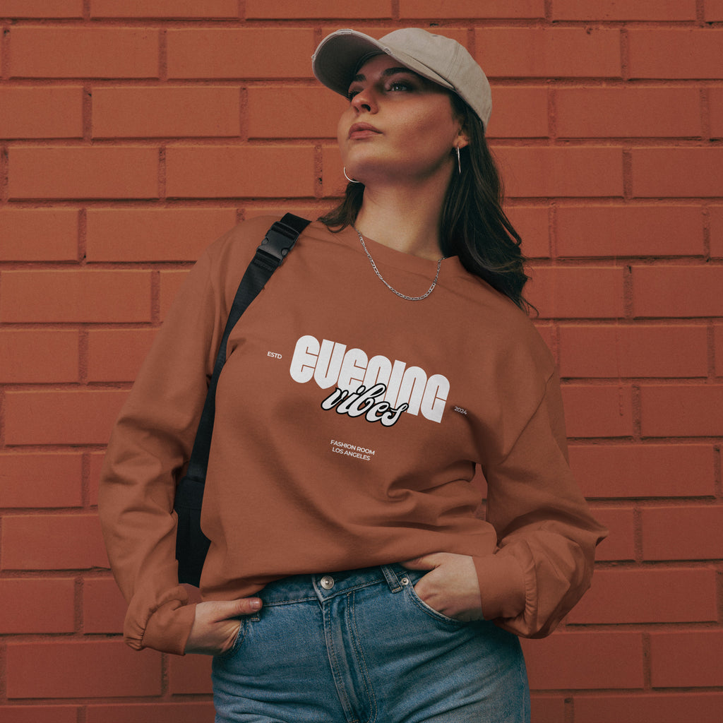 Unisex Premium Heavyweight Long Sleeve Shirt | Evening Vibes long sleeve shirt AwRans Clothing unisex-premium-heavyweight-long-sleeve-shirt-clay-front-67f2c416eb5e2