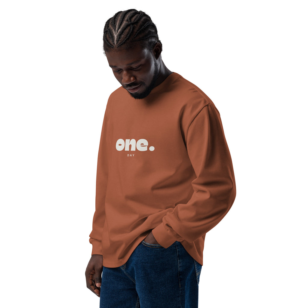 Unisex Premium Heavyweight Long Sleeve Shirt | One Day long sleeve shirt AwRans Clothing unisex-premium-heavyweight-long-sleeve-shirt-clay-left-front-67eaaaf886aa5