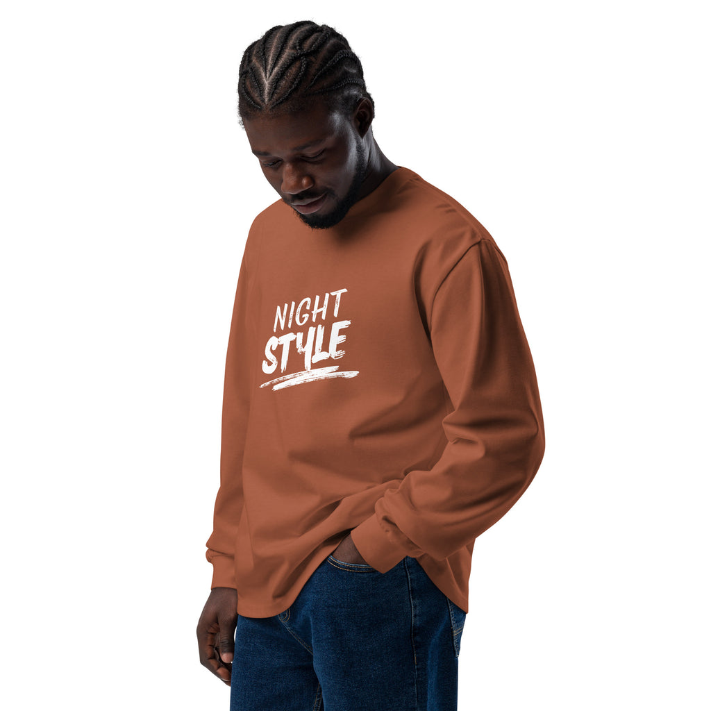Unisex Premium Heavyweight Long Sleeve Shirt | Night Style long sleeve shirt AwRans Clothing unisex-premium-heavyweight-long-sleeve-shirt-clay-left-front-67eaaba7a3072