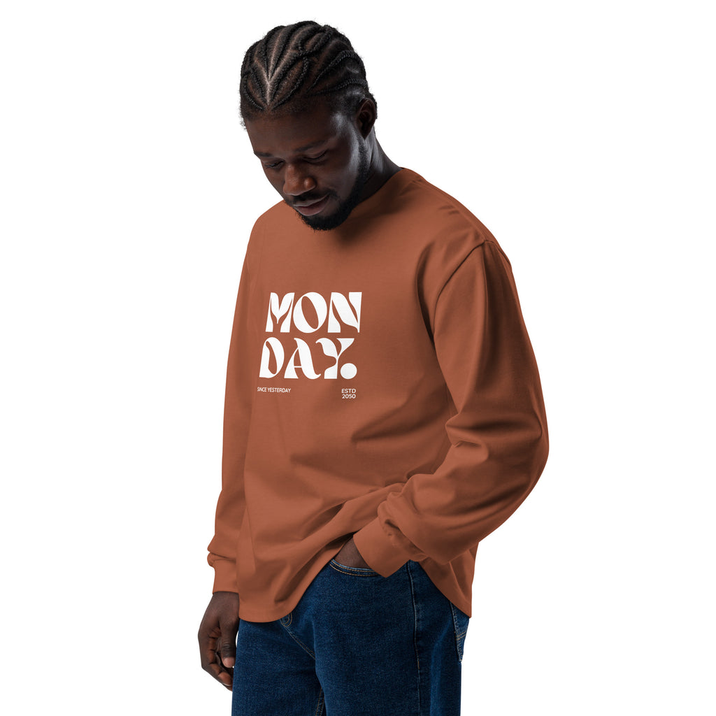 Unisex Premium Heavyweight Long Sleeve Shirt | Monday long sleeve shirt AwRans Clothing unisex-premium-heavyweight-long-sleeve-shirt-clay-left-front-67eaac580617c