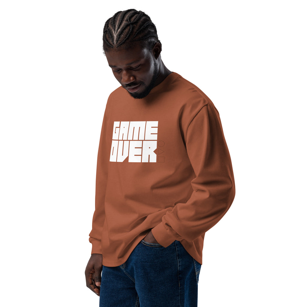 Unisex Premium Heavyweight Long Sleeve Shirt | Game Over long sleeve shirt AwRans Clothing unisex-premium-heavyweight-long-sleeve-shirt-clay-left-front-67f2c24288d8a