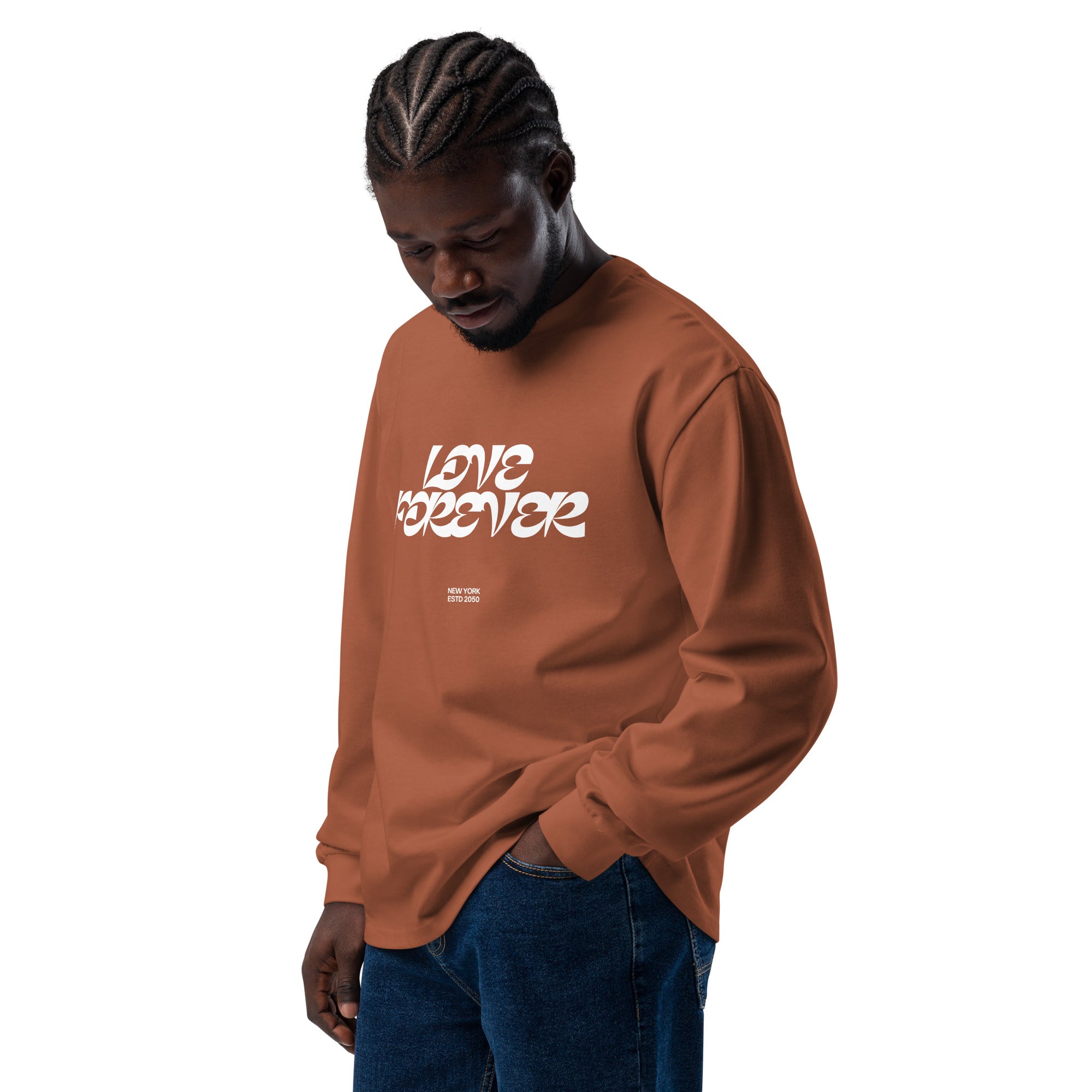 Unisex Premium Heavyweight Long Sleeve Shirt | Love Forever long sleeve shirt AwRans Clothing unisex-premium-heavyweight-long-sleeve-shirt-clay-left-front-67f2c2d87a3b2