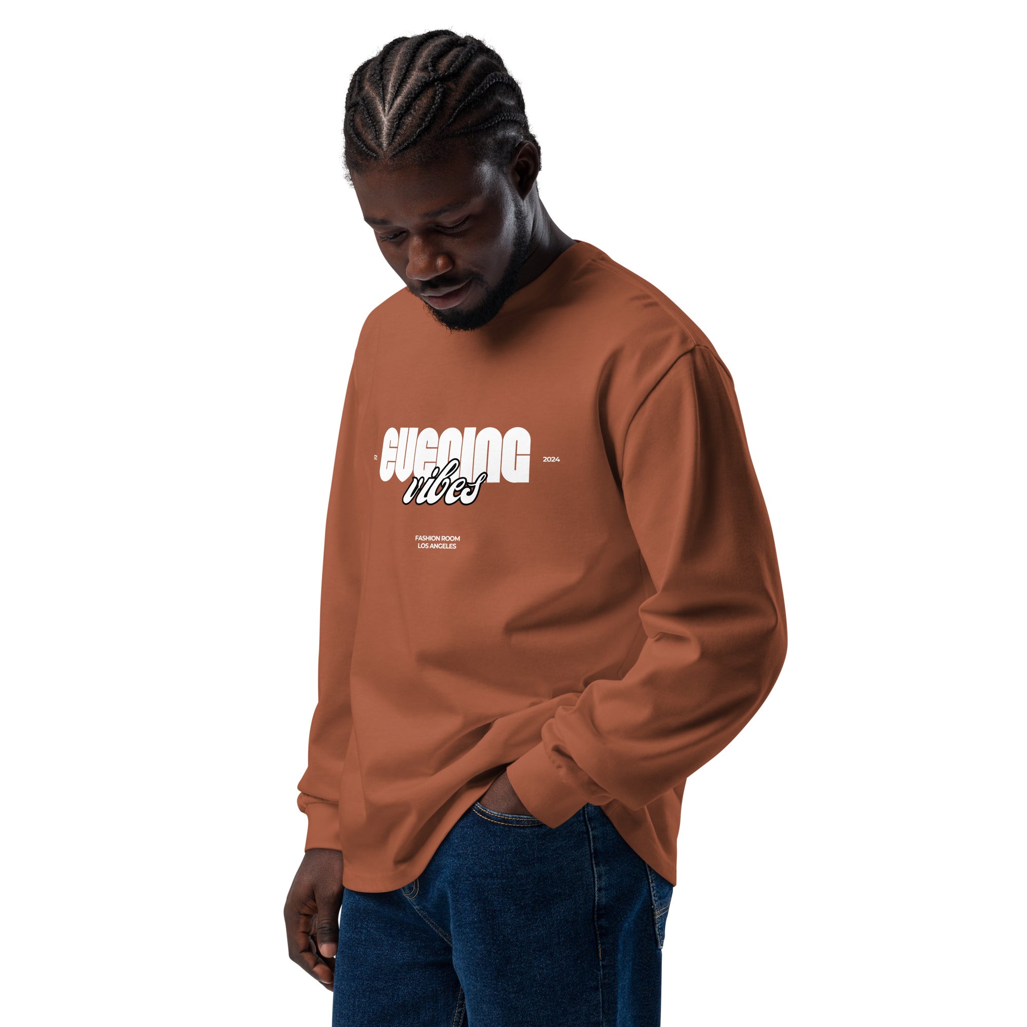 Unisex Premium Heavyweight Long Sleeve Shirt | Evening Vibes long sleeve shirt AwRans Clothing unisex-premium-heavyweight-long-sleeve-shirt-clay-left-front-67f2c416f0635