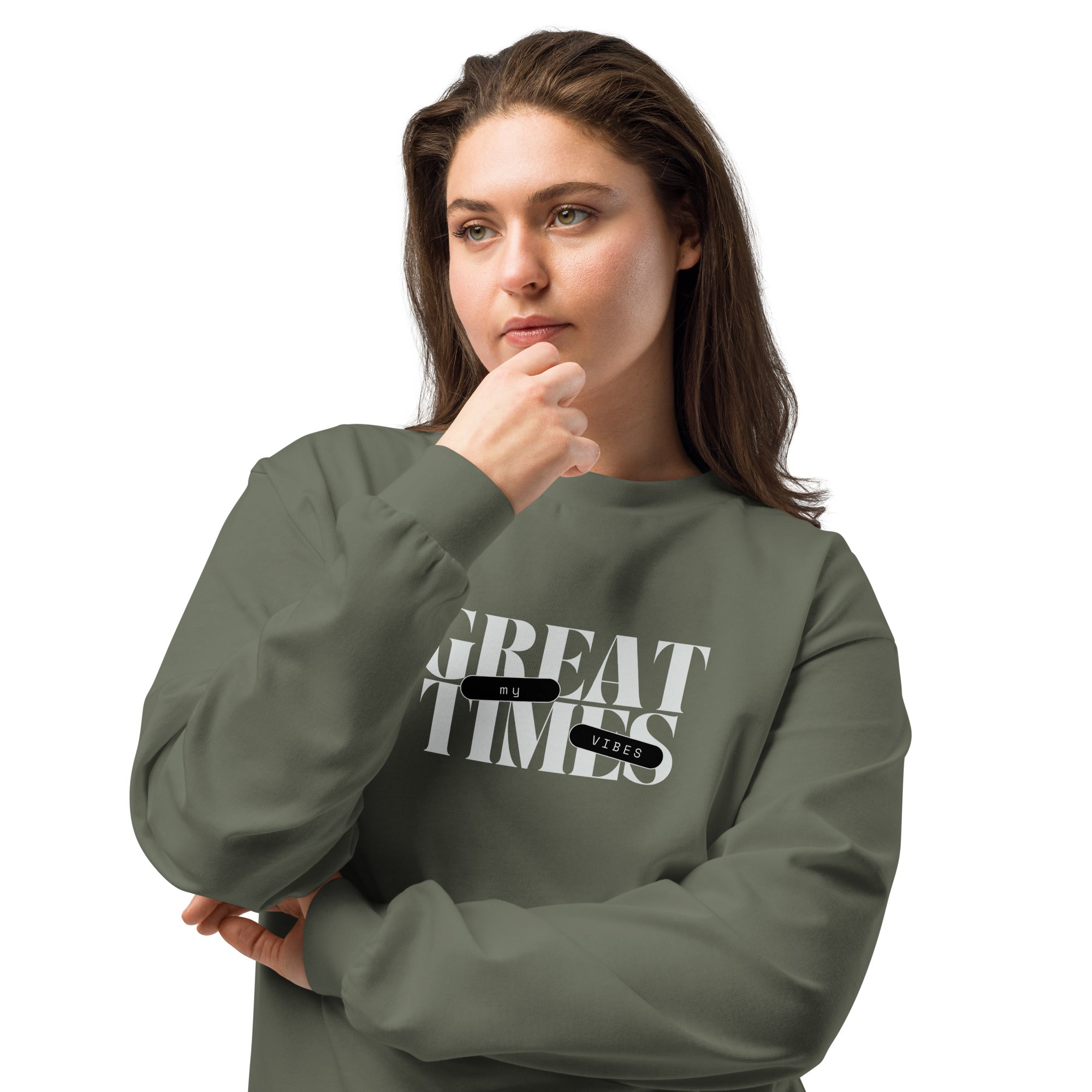 Unisex Premium Heavyweight Long Sleeve Shirt | My Vibes Great Time long sleeve shirt AwRans Clothing unisex-premium-heavyweight-long-sleeve-shirt-cypress-front-2-67f2a050af34f