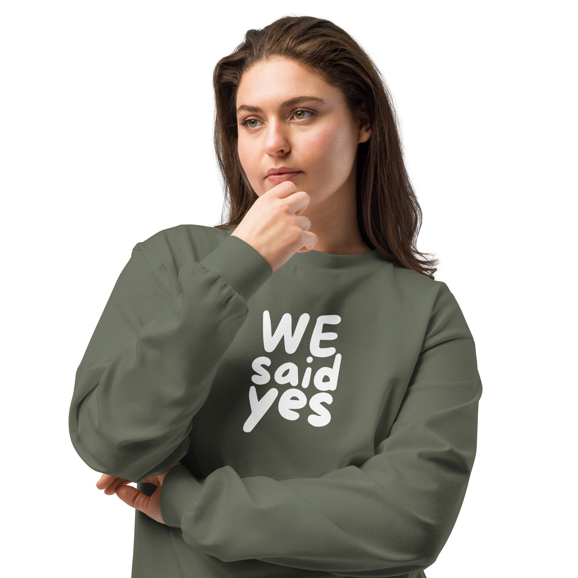 Unisex Premium Heavyweight Long Sleeve Shirt | We Said Yes long sleeve shirt AwRans Clothing unisex-premium-heavyweight-long-sleeve-shirt-cypress-front-2-67f2c36801630