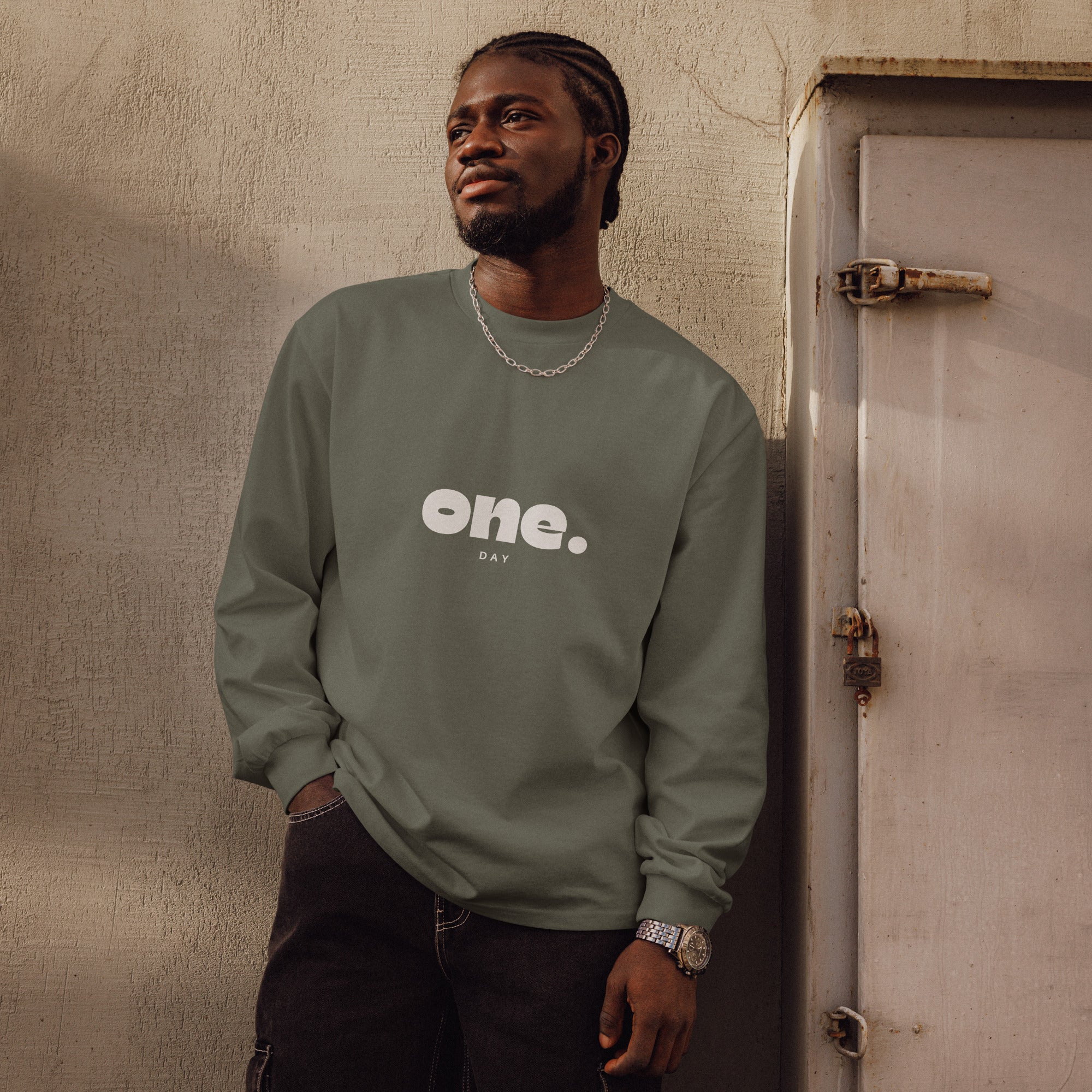 Unisex Premium Heavyweight Long Sleeve Shirt | One Day long sleeve shirt AwRans Clothing unisex-premium-heavyweight-long-sleeve-shirt-cypress-front-67eaaaf891149