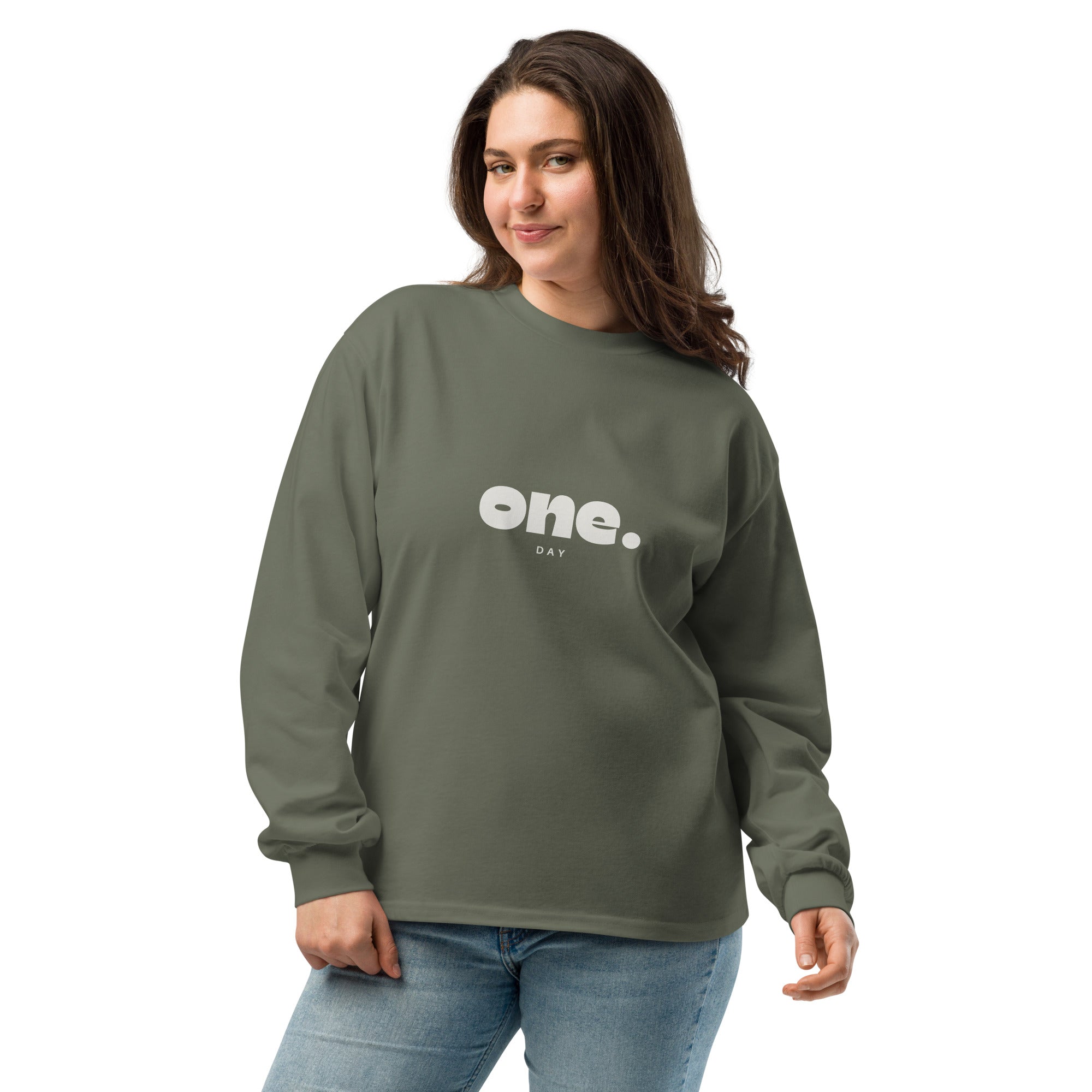 Unisex Premium Heavyweight Long Sleeve Shirt | One Day long sleeve shirt AwRans Clothing unisex-premium-heavyweight-long-sleeve-shirt-cypress-front-67eaaaf8980f9