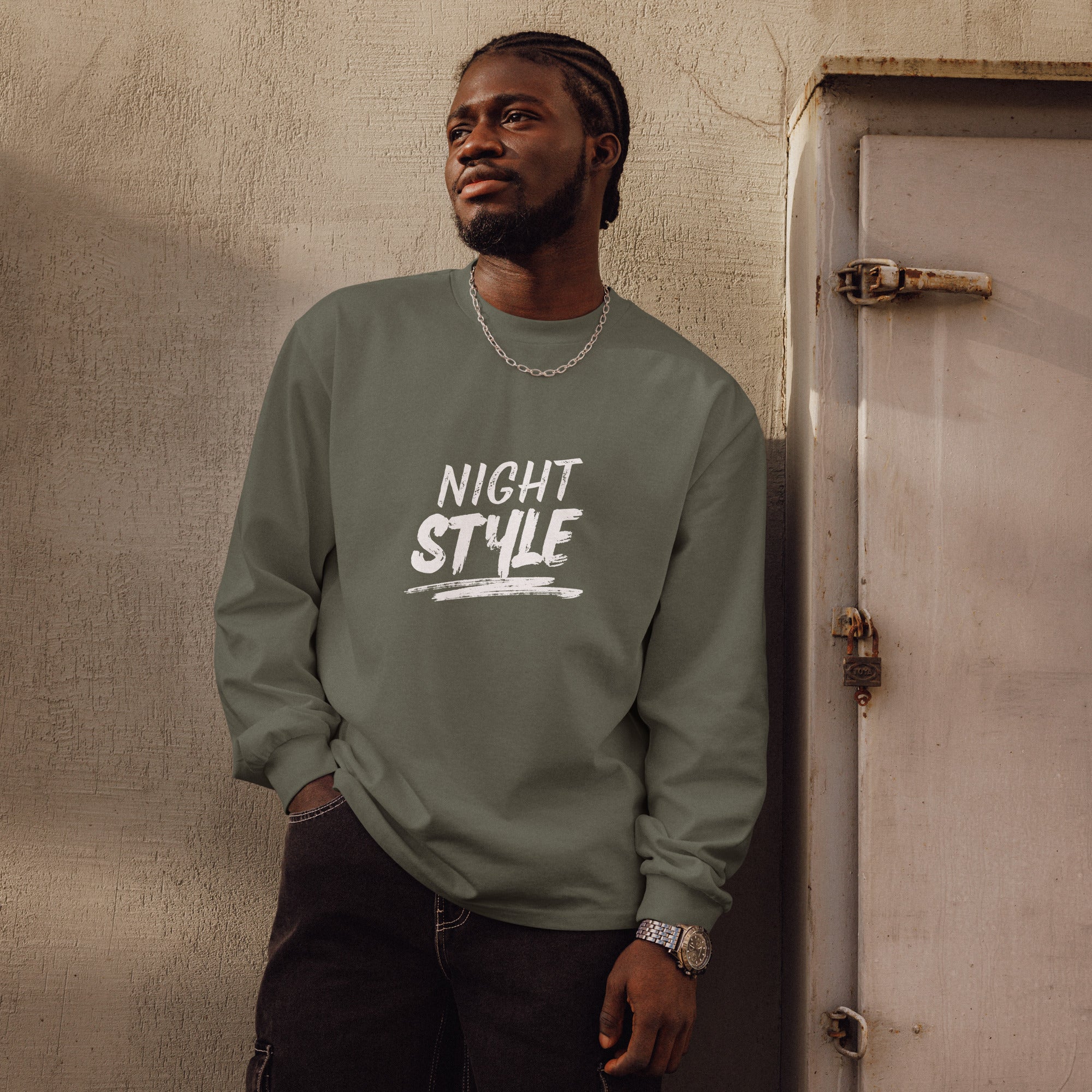 Unisex Premium Heavyweight Long Sleeve Shirt | Night Style long sleeve shirt AwRans Clothing unisex-premium-heavyweight-long-sleeve-shirt-cypress-front-67eaaba7ab104