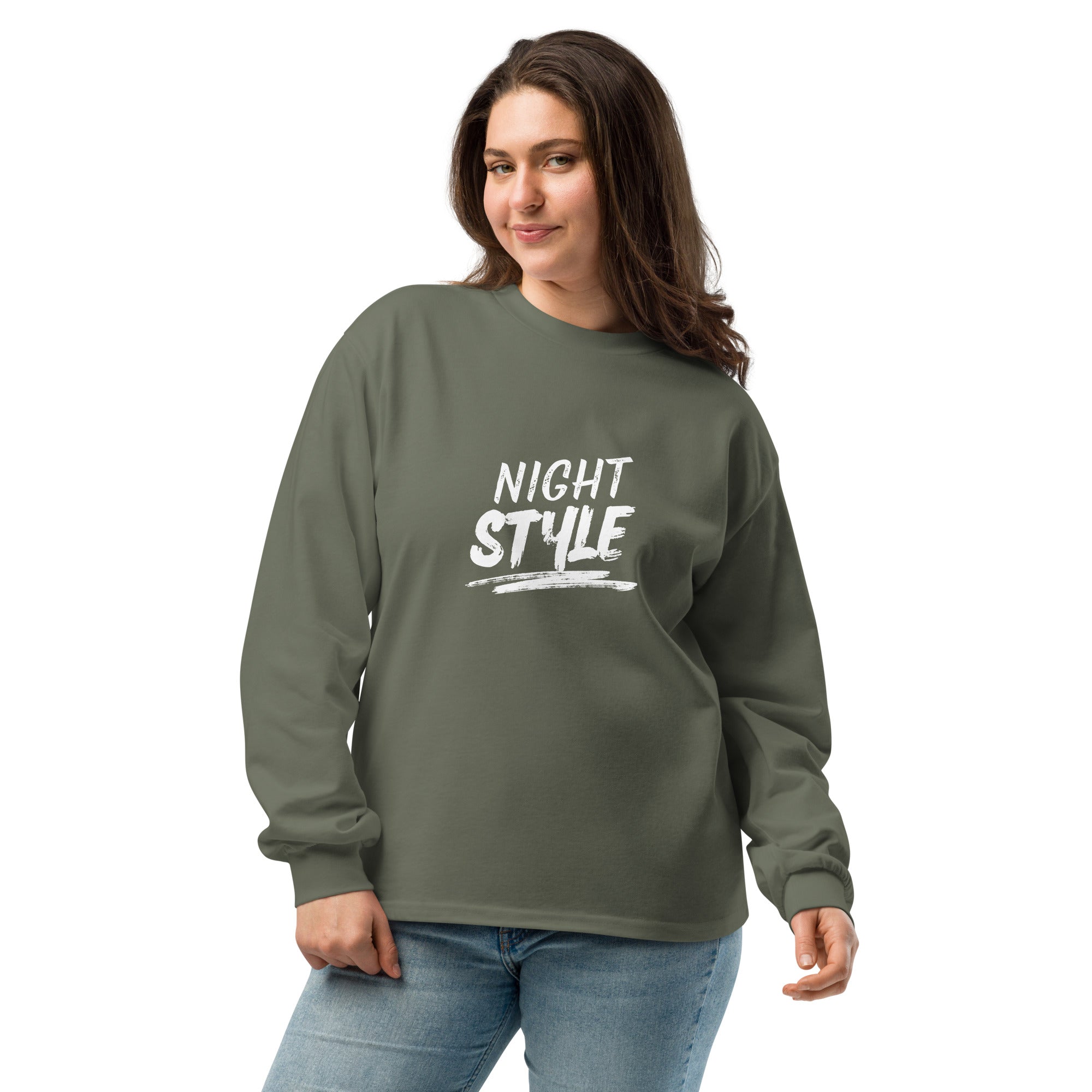 Unisex Premium Heavyweight Long Sleeve Shirt | Night Style long sleeve shirt AwRans Clothing unisex-premium-heavyweight-long-sleeve-shirt-cypress-front-67eaaba7afe18