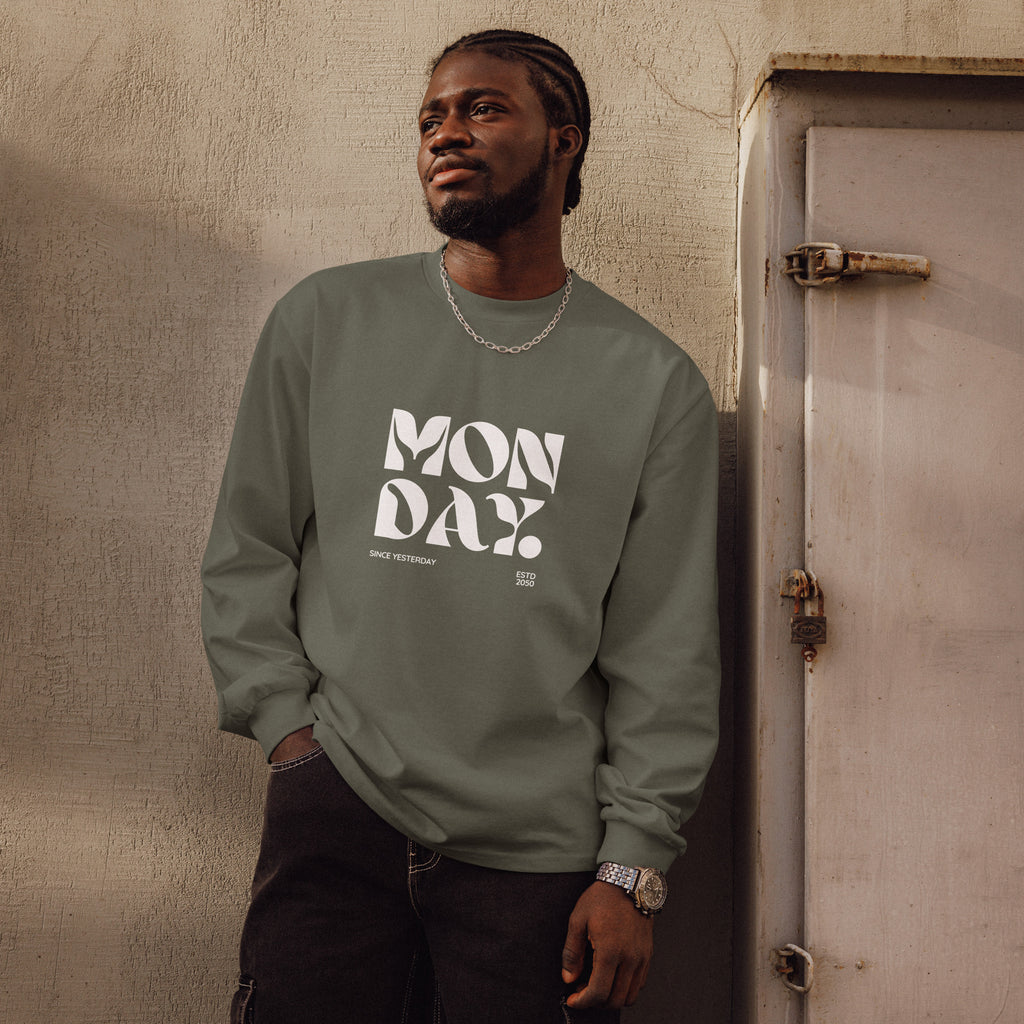 Unisex Premium Heavyweight Long Sleeve Shirt | Monday long sleeve shirt AwRans Clothing unisex-premium-heavyweight-long-sleeve-shirt-cypress-front-67eaac580ea34