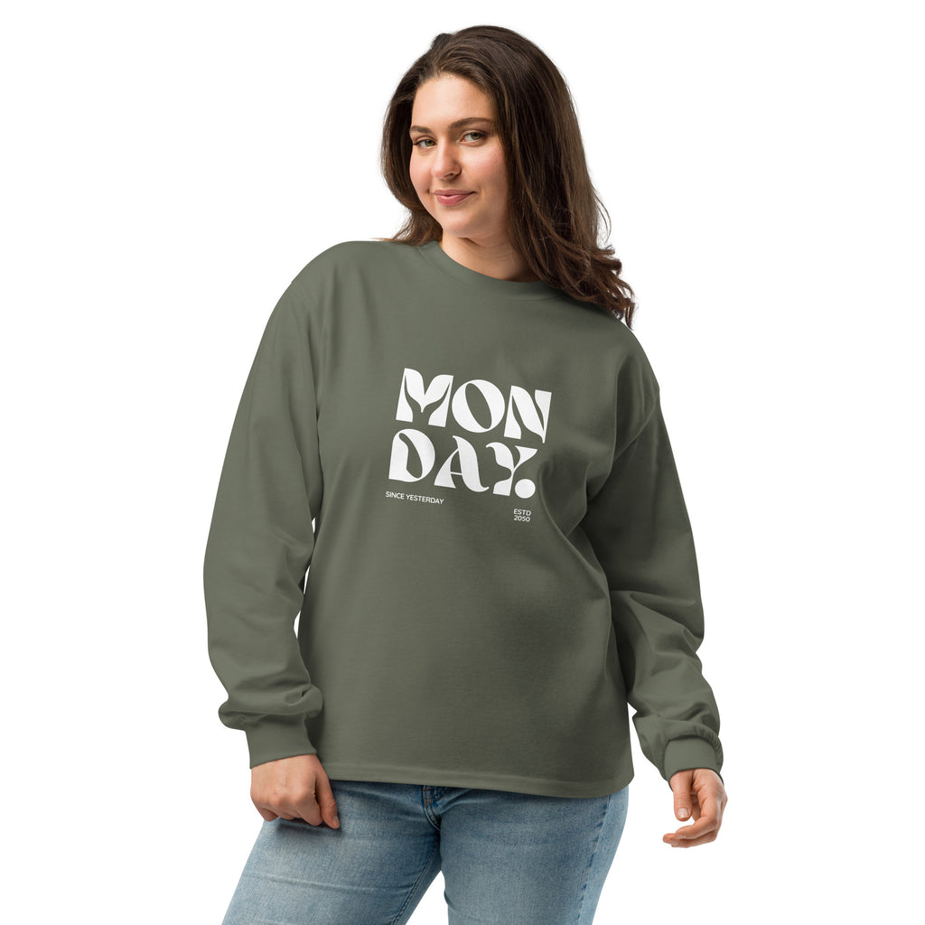 Unisex Premium Heavyweight Long Sleeve Shirt | Monday long sleeve shirt AwRans Clothing unisex-premium-heavyweight-long-sleeve-shirt-cypress-front-67eaac5812cd0