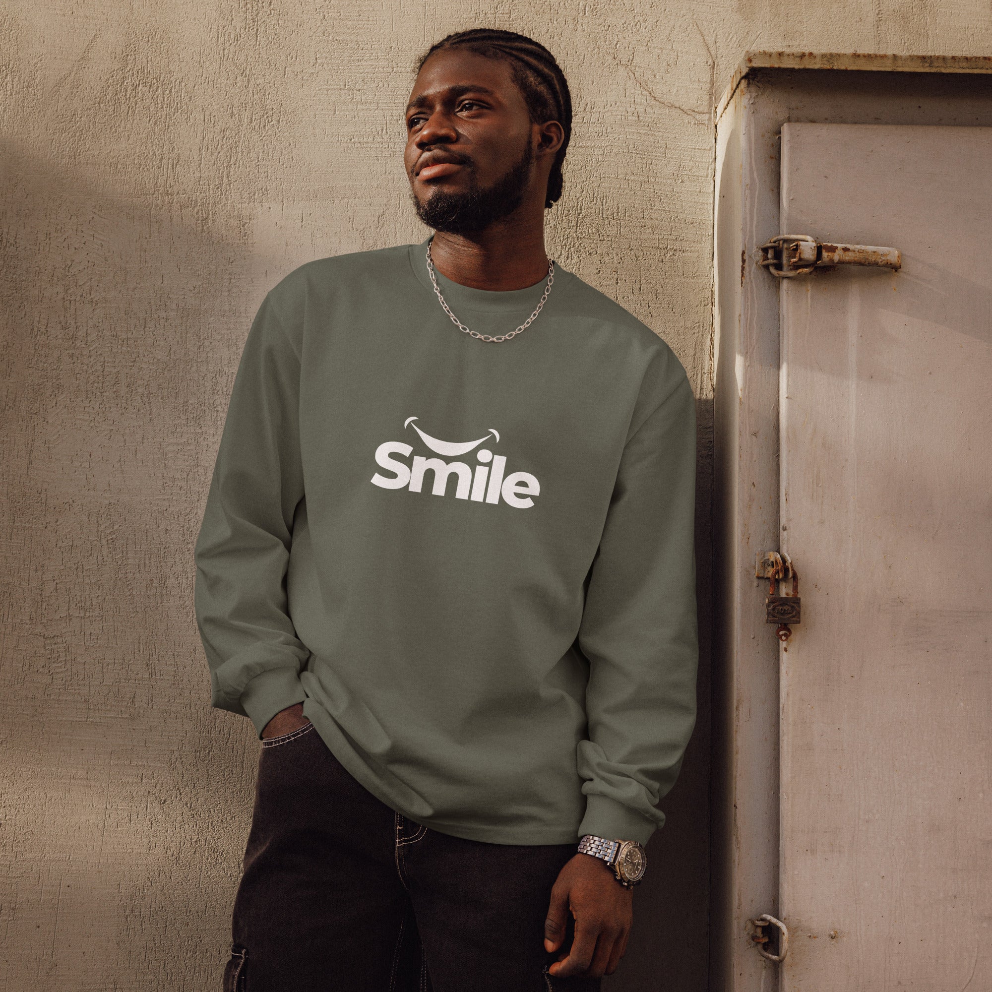 Unisex Premium Heavyweight Long Sleeve Shirt | Smile long sleeve shirt AwRans Clothing unisex-premium-heavyweight-long-sleeve-shirt-cypress-front-67f29f01a54e4