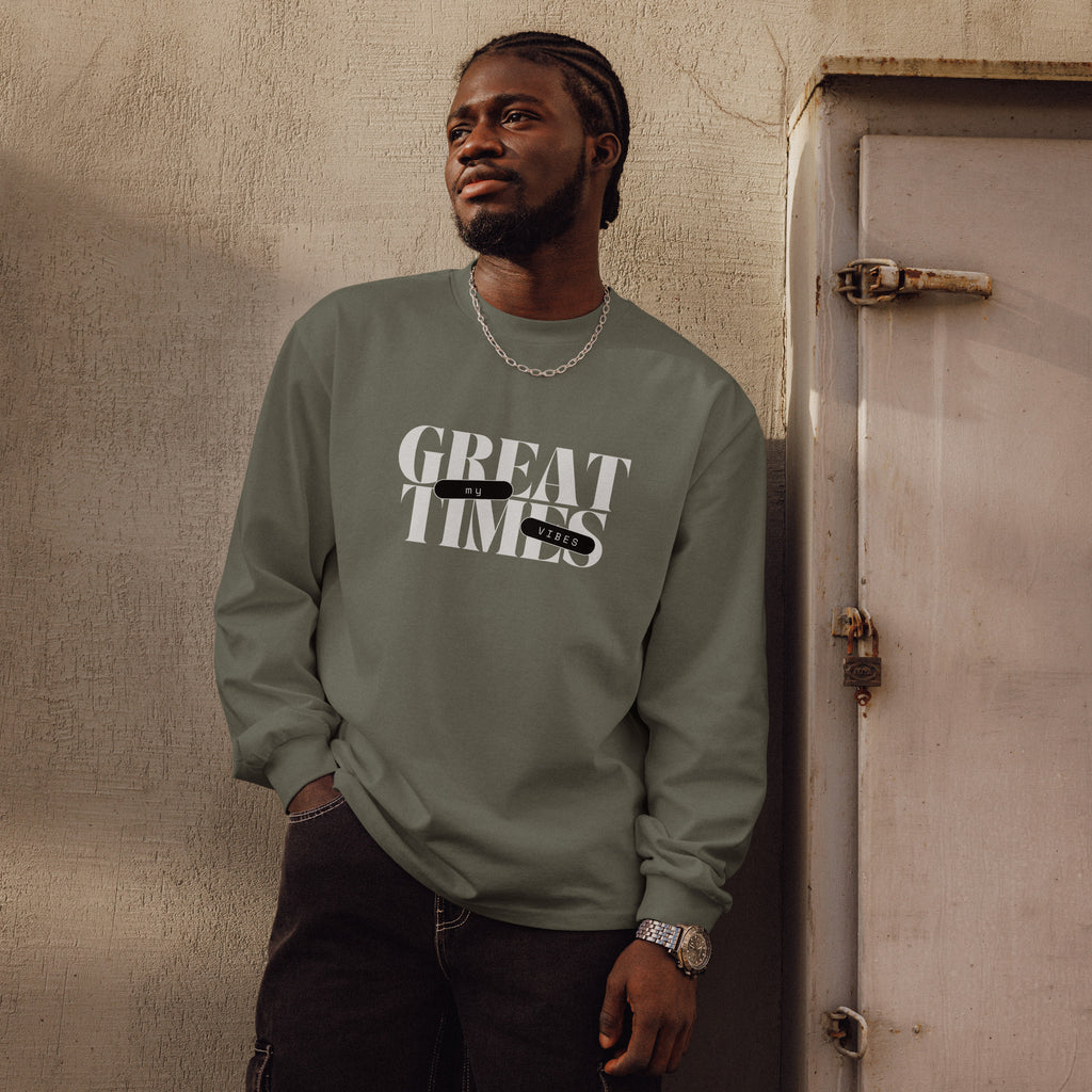 Unisex Premium Heavyweight Long Sleeve Shirt | My Vibes Great Time long sleeve shirt AwRans Clothing unisex-premium-heavyweight-long-sleeve-shirt-cypress-front-67f2a050a9b4d