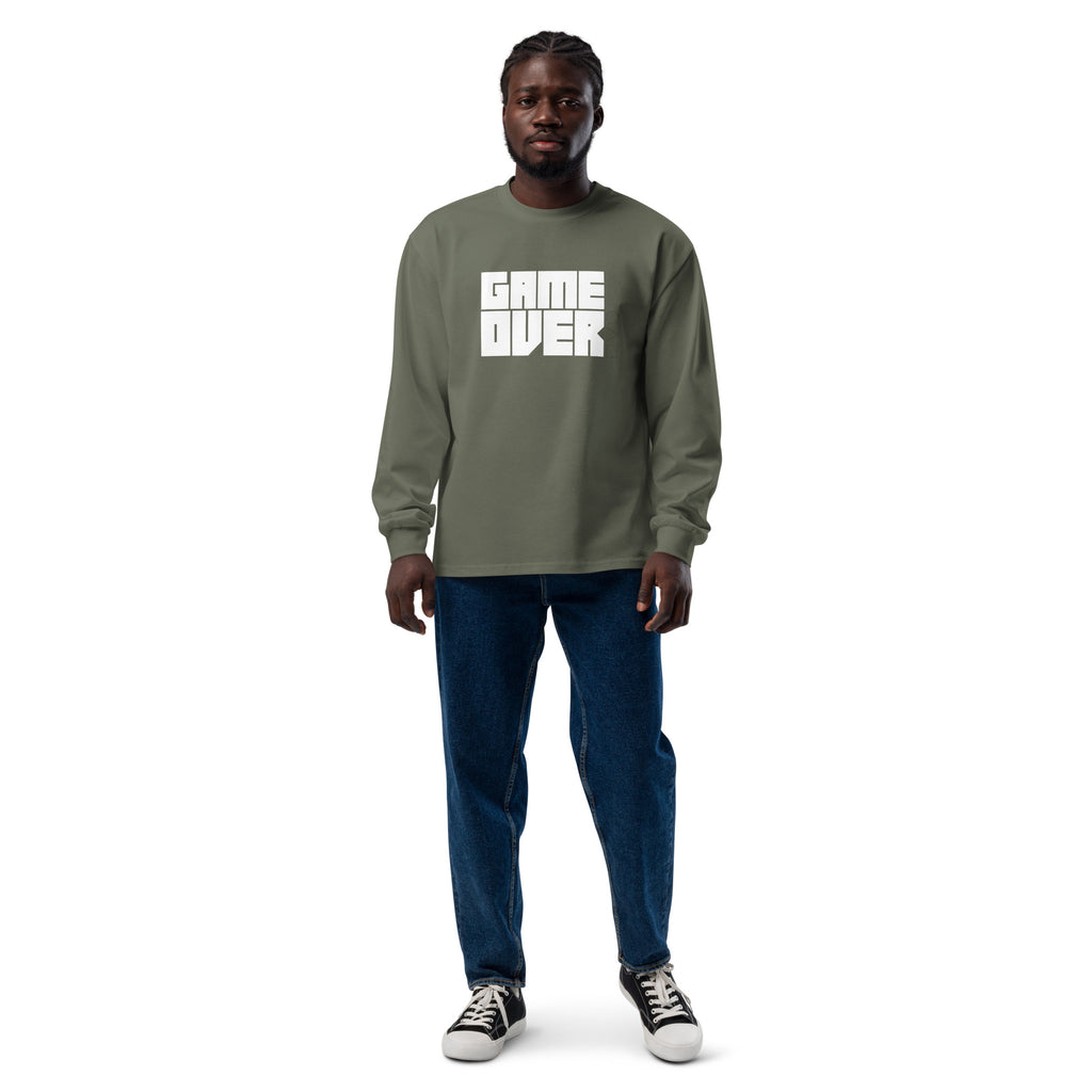 Unisex Premium Heavyweight Long Sleeve Shirt | Game Over long sleeve shirt AwRans Clothing unisex-premium-heavyweight-long-sleeve-shirt-cypress-front-67f2c24291b58