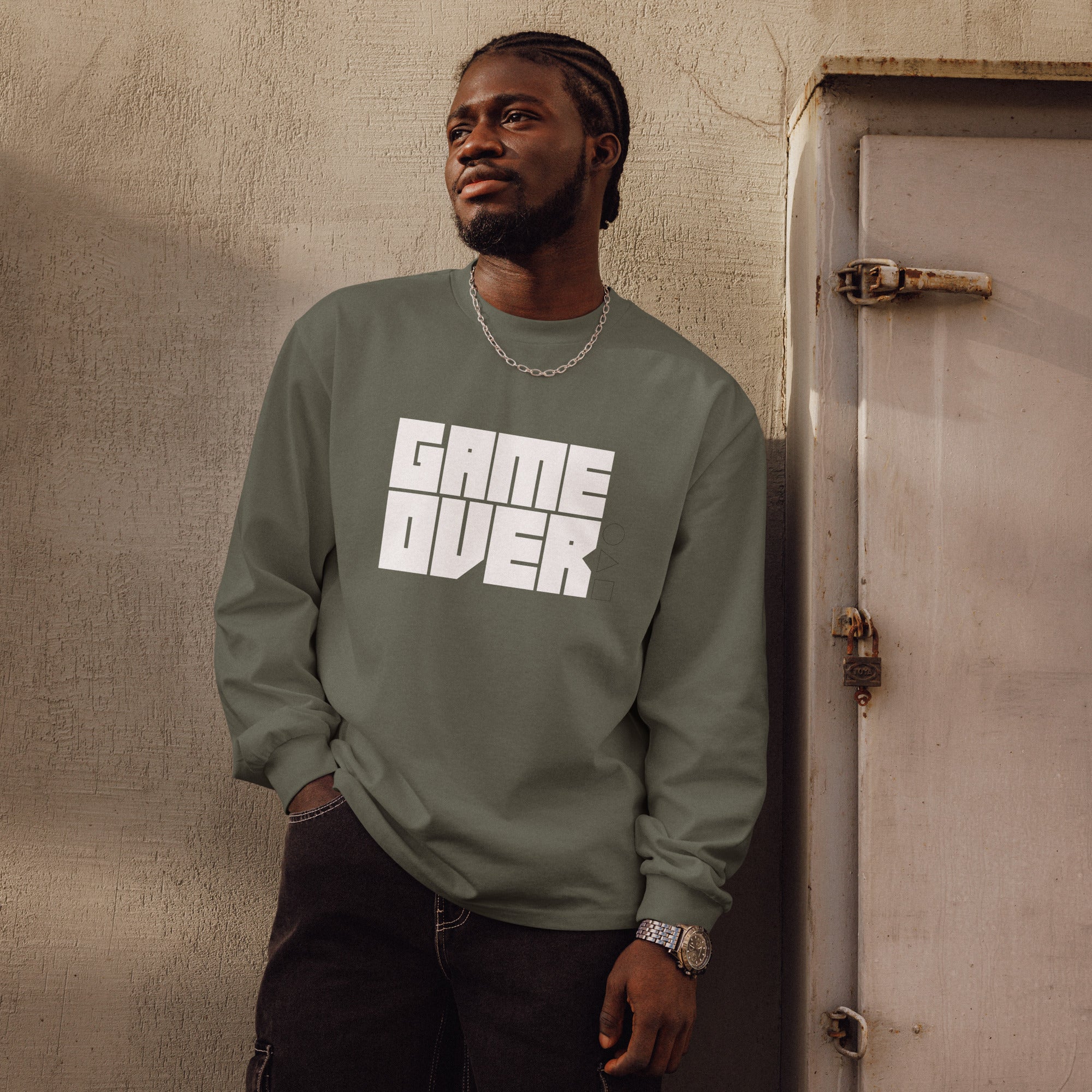 Unisex Premium Heavyweight Long Sleeve Shirt | Game Over long sleeve shirt AwRans Clothing unisex-premium-heavyweight-long-sleeve-shirt-cypress-front-67f2c24293627
