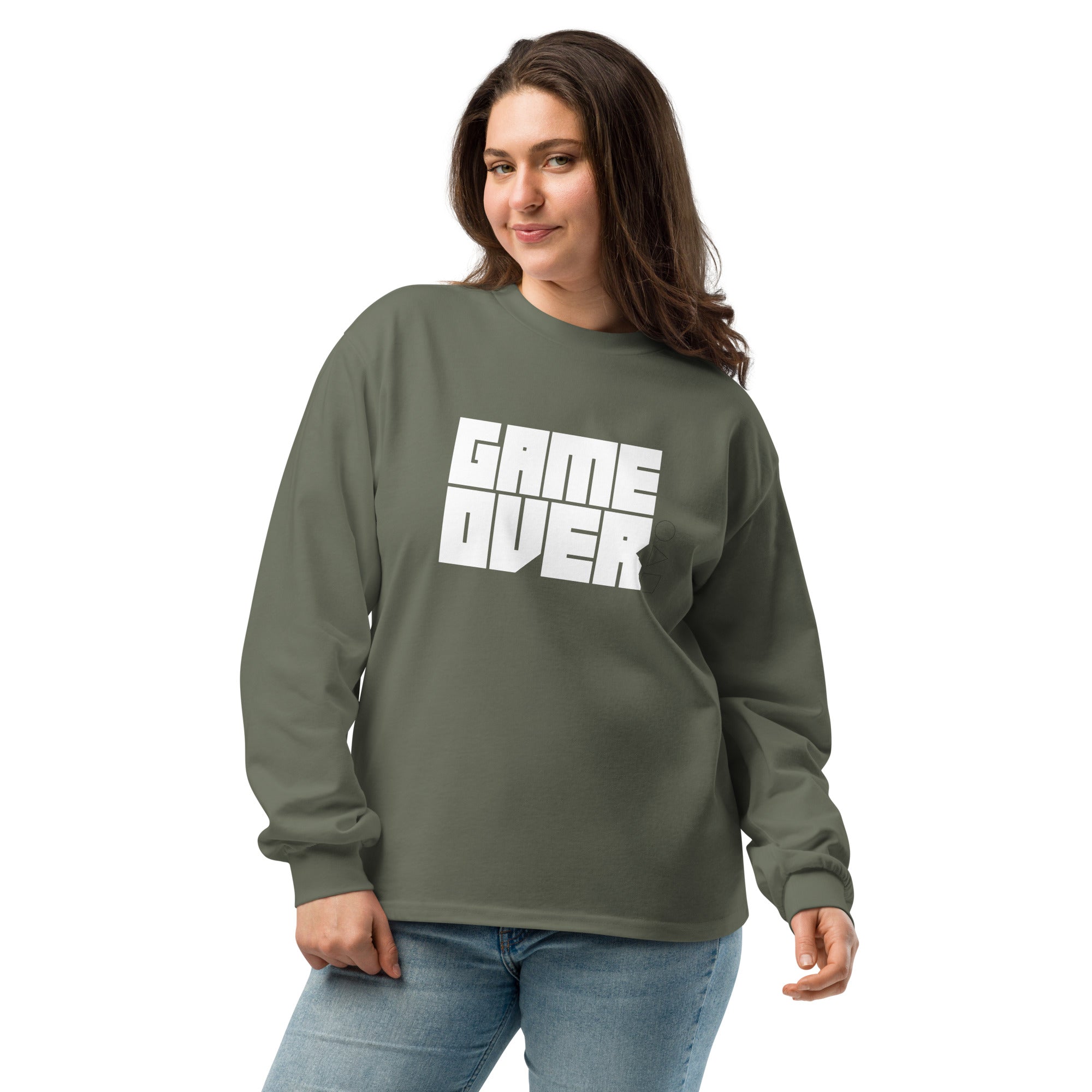 Unisex Premium Heavyweight Long Sleeve Shirt | Game Over long sleeve shirt AwRans Clothing unisex-premium-heavyweight-long-sleeve-shirt-cypress-front-67f2c24299ab2