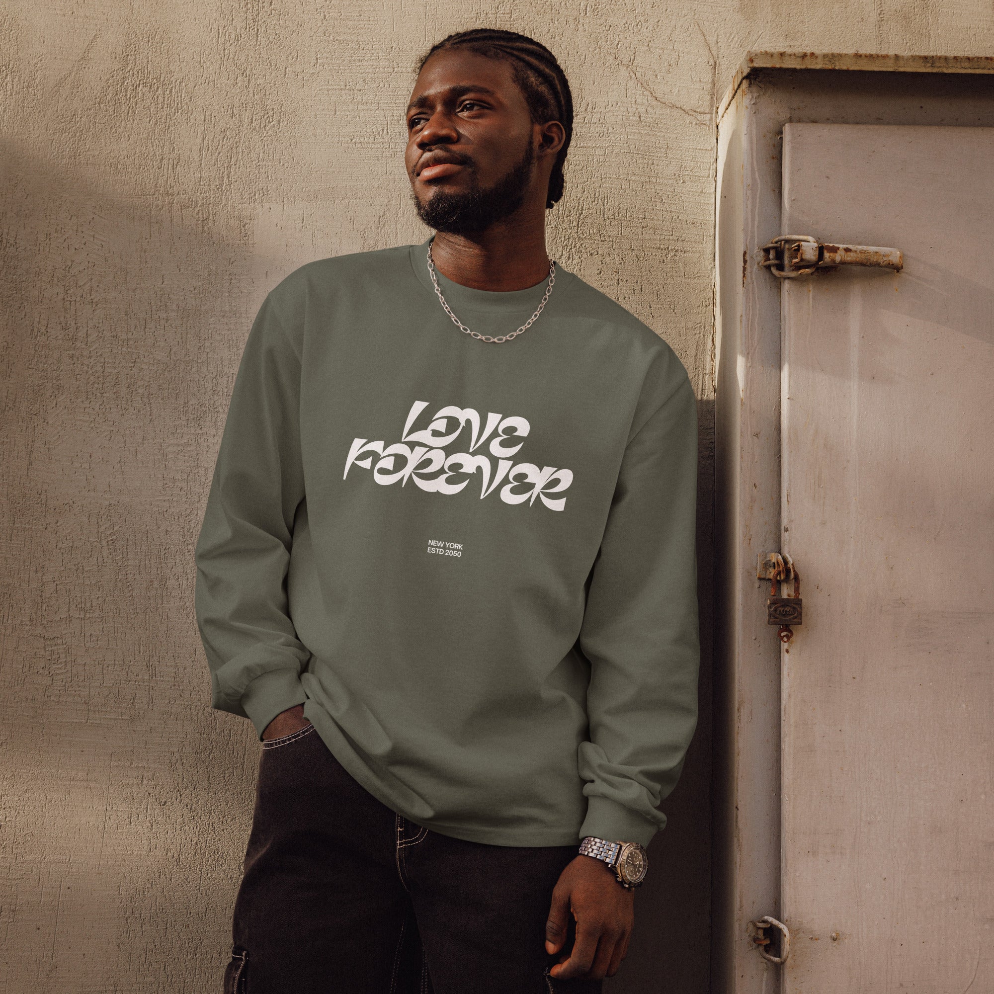 Unisex Premium Heavyweight Long Sleeve Shirt | Love Forever long sleeve shirt AwRans Clothing unisex-premium-heavyweight-long-sleeve-shirt-cypress-front-67f2c2d886d7e