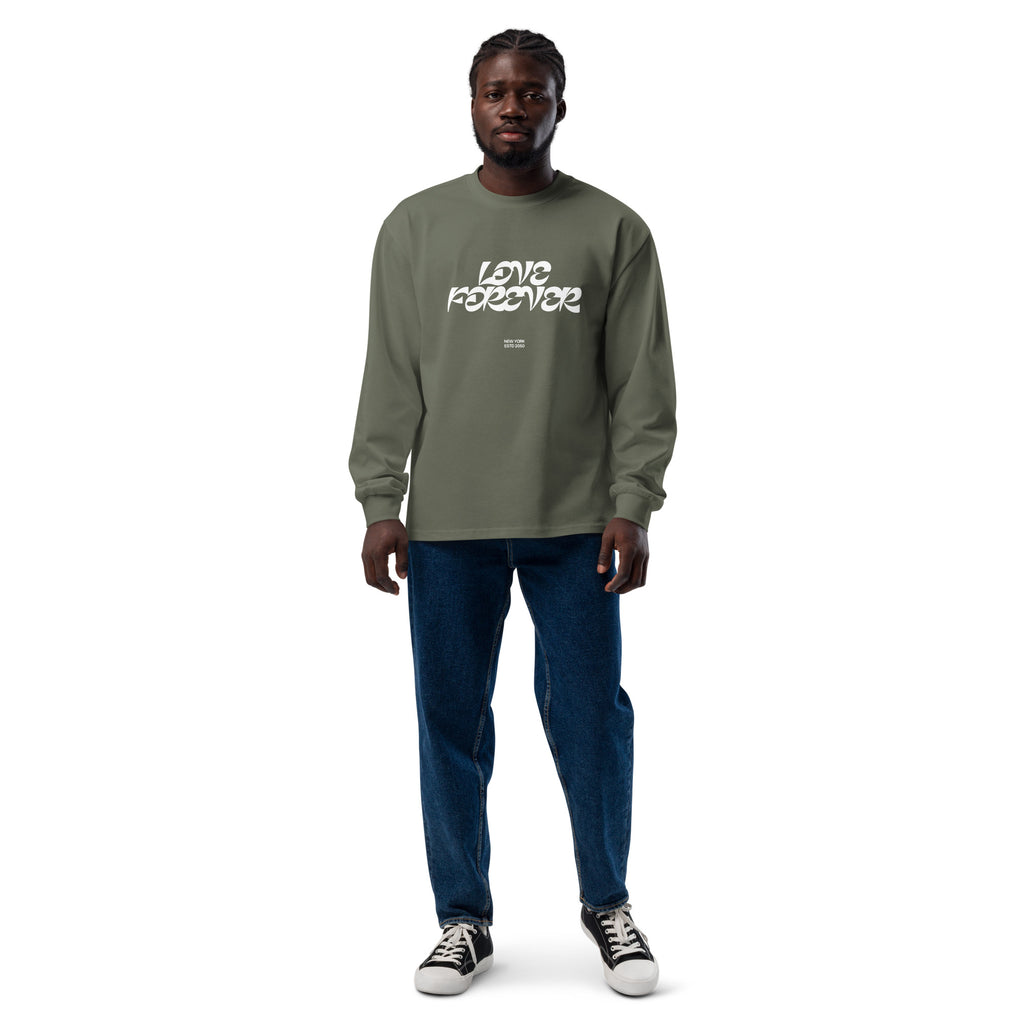 Unisex Premium Heavyweight Long Sleeve Shirt | Love Forever long sleeve shirt AwRans Clothing unisex-premium-heavyweight-long-sleeve-shirt-cypress-front-67f2c2d889d5f