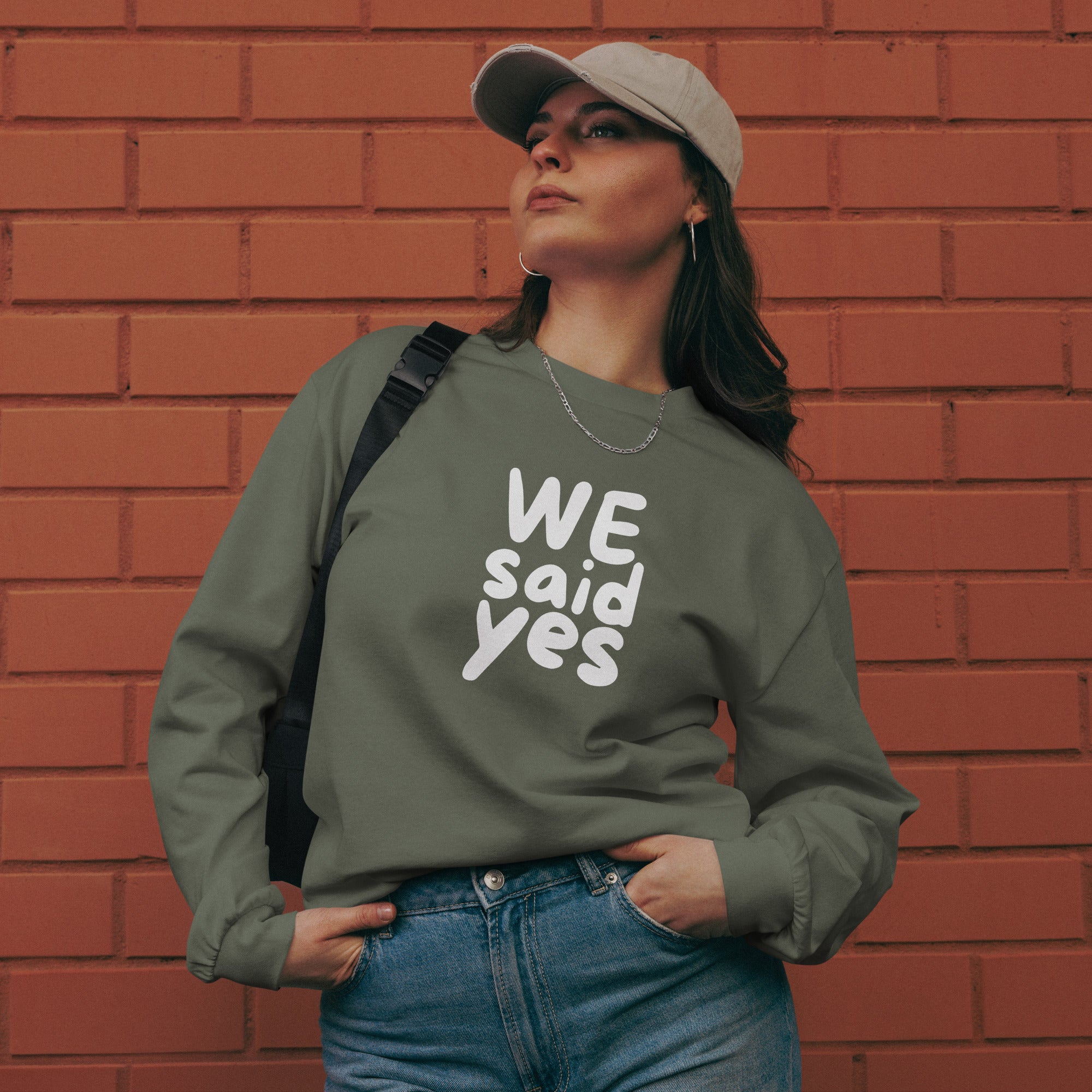 Unisex Premium Heavyweight Long Sleeve Shirt | We Said Yes long sleeve shirt AwRans Clothing unisex-premium-heavyweight-long-sleeve-shirt-cypress-front-67f2c36803be6