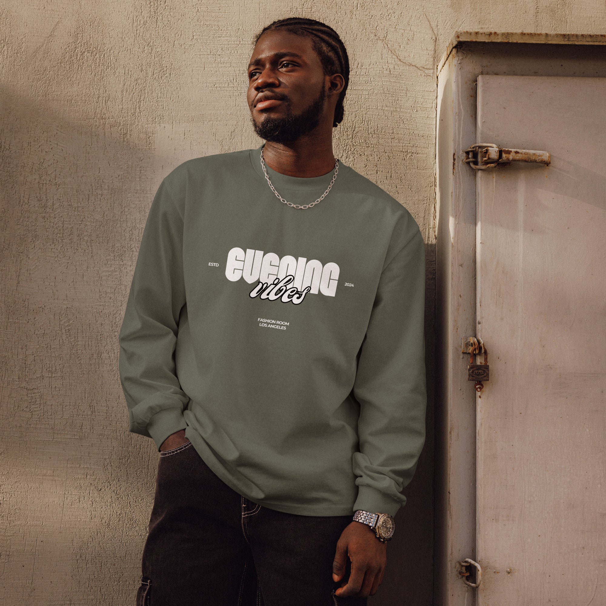 Unisex Premium Heavyweight Long Sleeve Shirt | Evening Vibes long sleeve shirt AwRans Clothing unisex-premium-heavyweight-long-sleeve-shirt-cypress-front-67f2c41700585