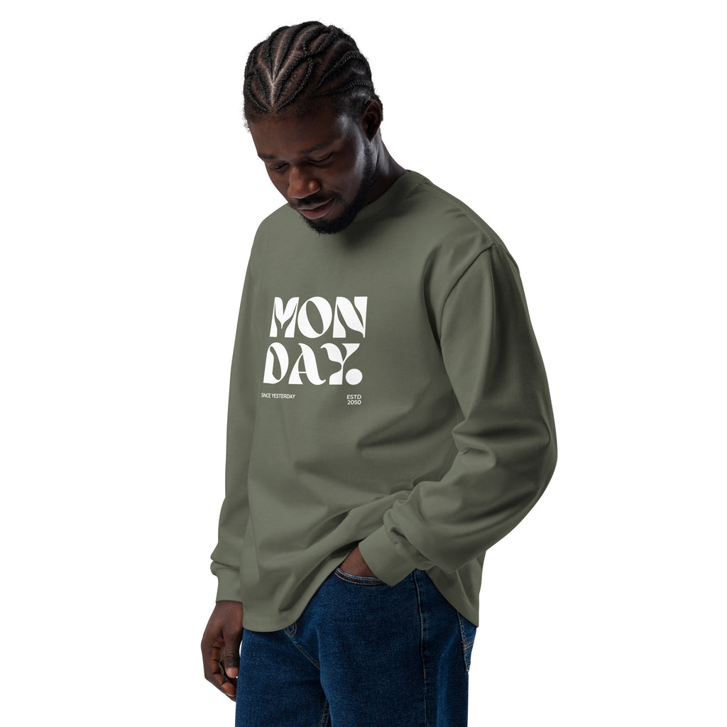 Unisex Premium Heavyweight Long Sleeve Shirt | Monday long sleeve shirt AwRans Clothing unisex-premium-heavyweight-long-sleeve-shirt-cypress-left-front-67eaac580f7d5