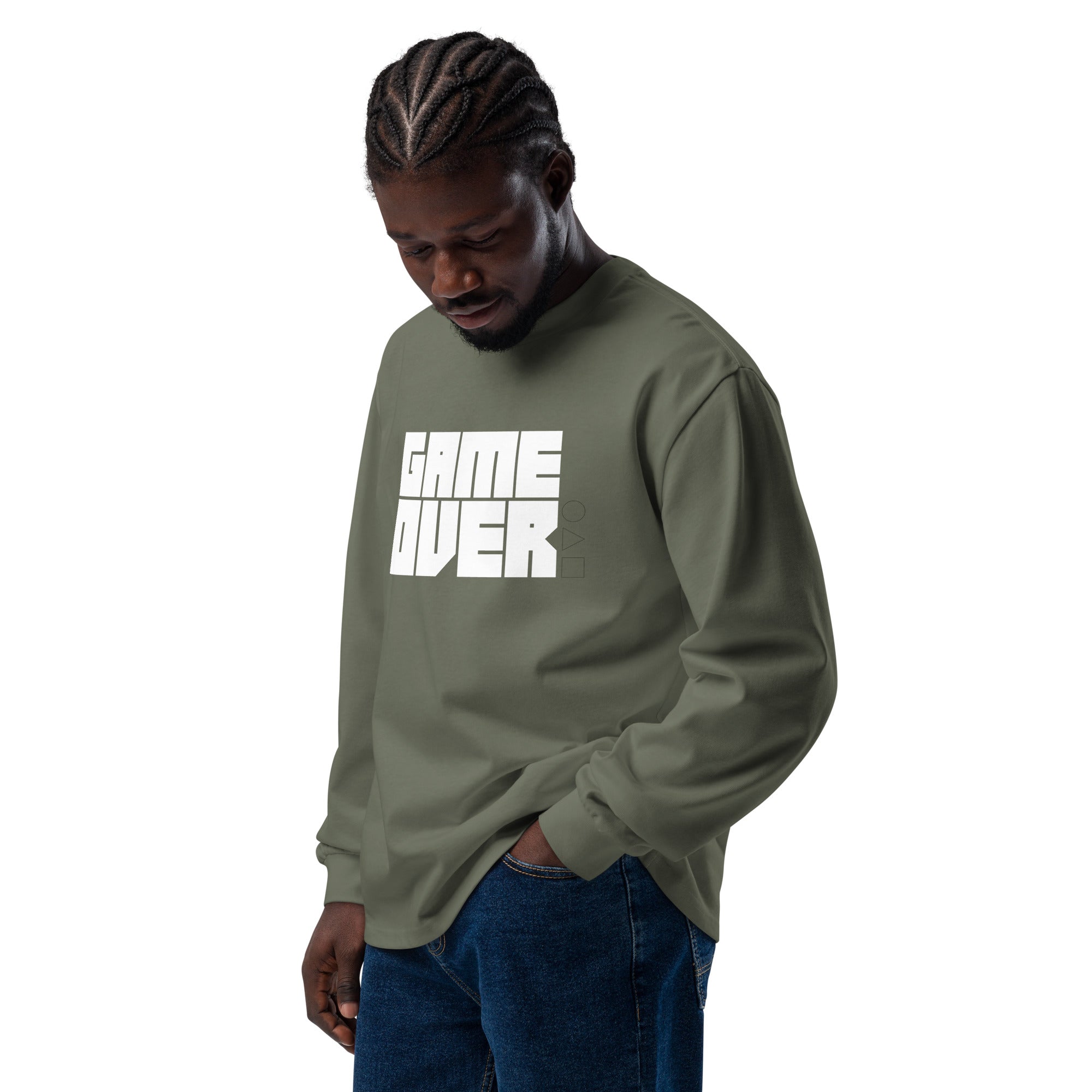Unisex Premium Heavyweight Long Sleeve Shirt | Game Over long sleeve shirt AwRans Clothing unisex-premium-heavyweight-long-sleeve-shirt-cypress-left-front-67f2c24292844