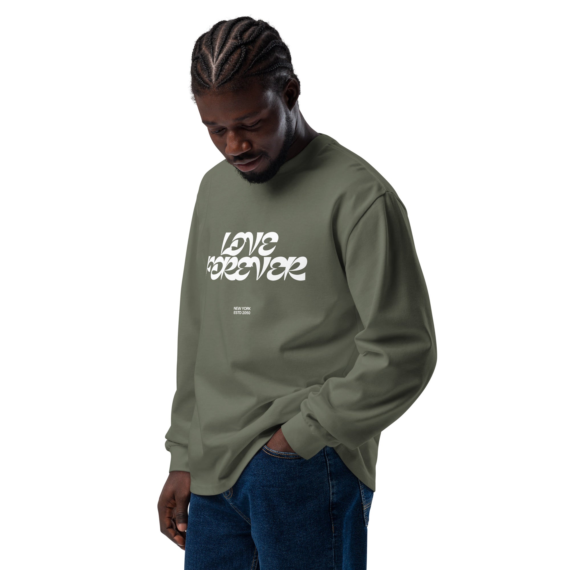 Unisex Premium Heavyweight Long Sleeve Shirt | Love Forever long sleeve shirt AwRans Clothing unisex-premium-heavyweight-long-sleeve-shirt-cypress-left-front-67f2c2d888573