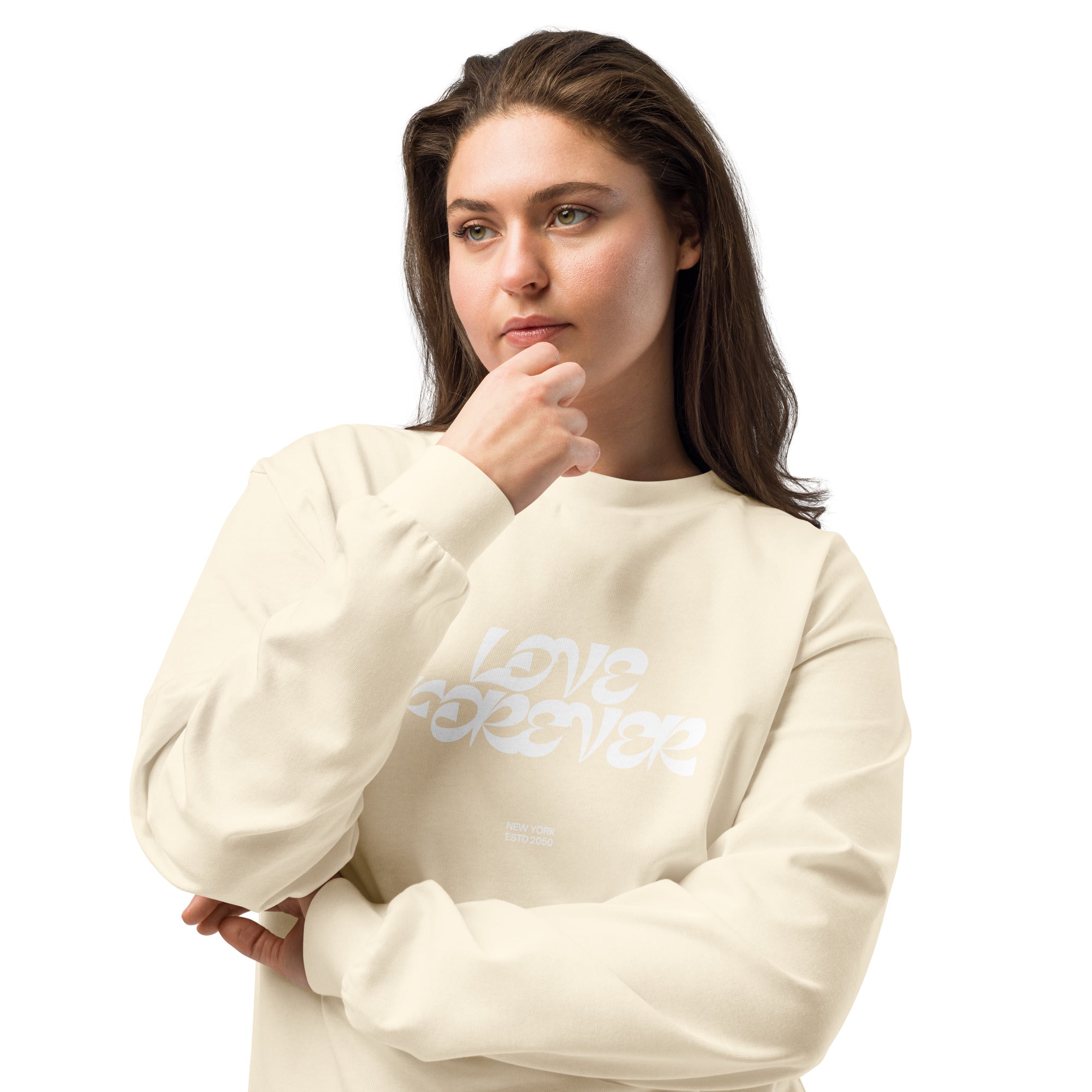 Unisex Premium Heavyweight Long Sleeve Shirt | Love Forever long sleeve shirt AwRans Clothing unisex-premium-heavyweight-long-sleeve-shirt-ecru-front-2-67f2c2d89fabc