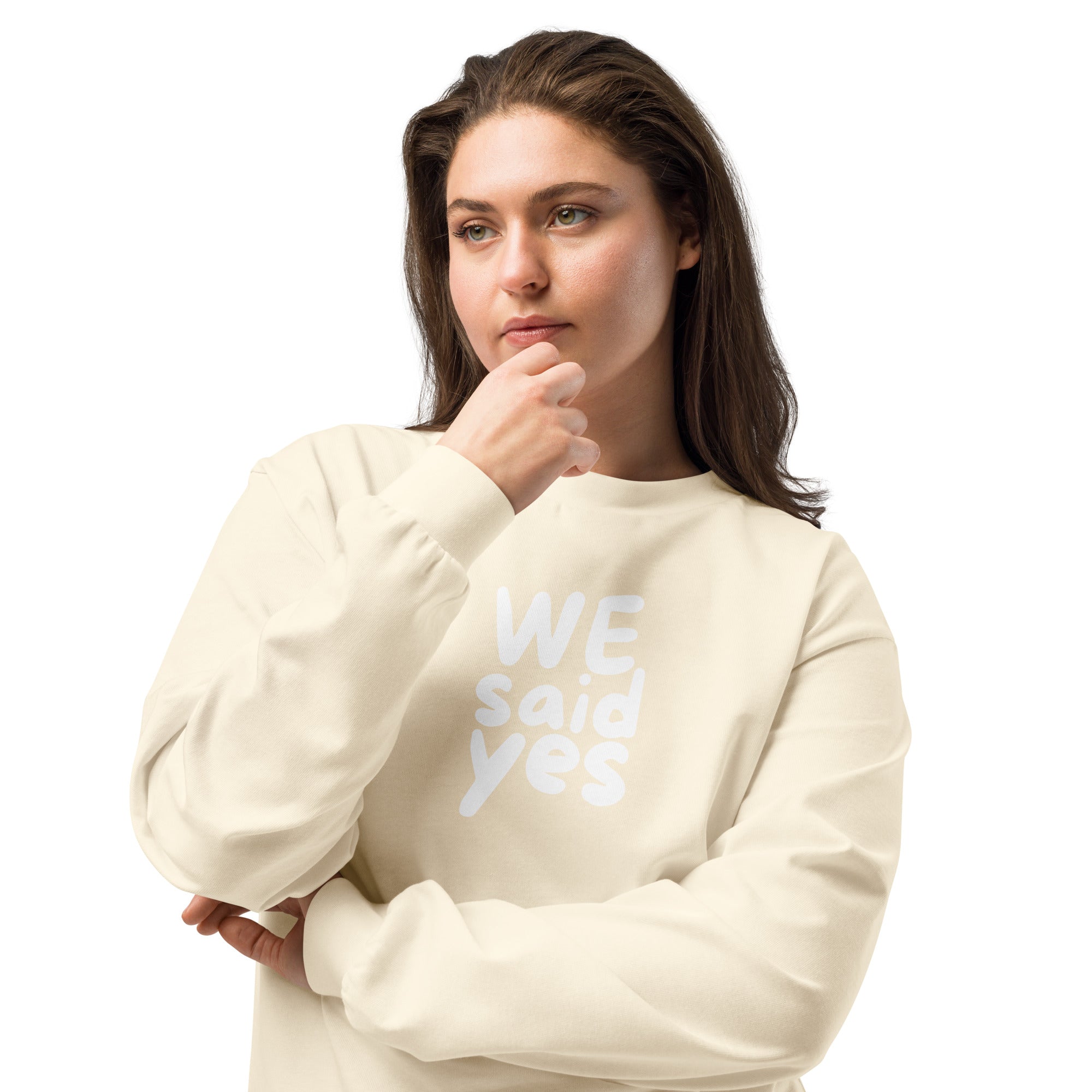 Unisex Premium Heavyweight Long Sleeve Shirt | We Said Yes long sleeve shirt AwRans Clothing unisex-premium-heavyweight-long-sleeve-shirt-ecru-front-2-67f2c36808100