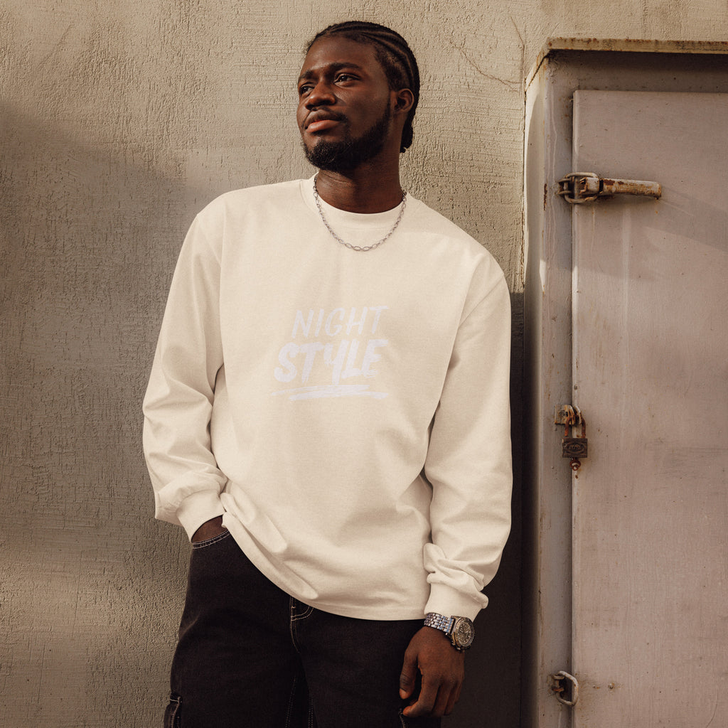 Unisex Premium Heavyweight Long Sleeve Shirt | Night Style long sleeve shirt AwRans Clothing unisex-premium-heavyweight-long-sleeve-shirt-ecru-front-67eaaba7c7d11