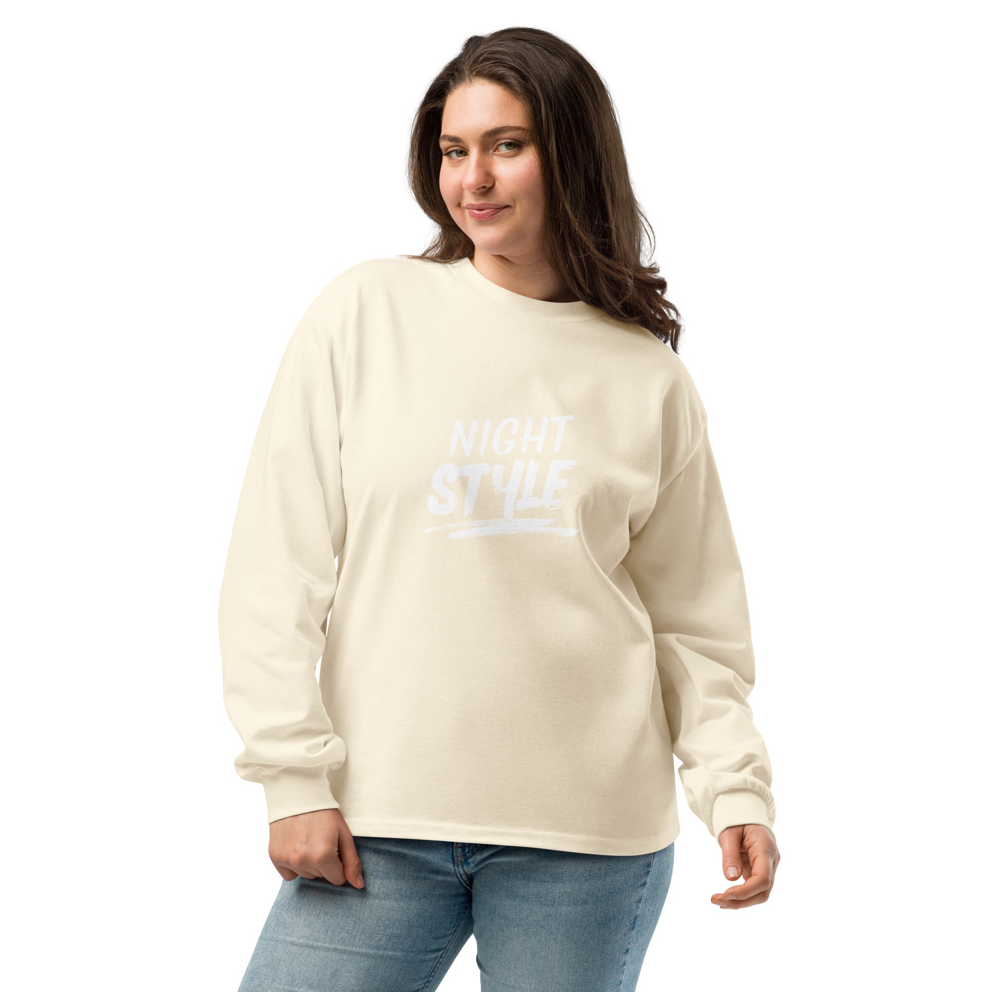 Unisex Premium Heavyweight Long Sleeve Shirt | Night Style long sleeve shirt AwRans Clothing unisex-premium-heavyweight-long-sleeve-shirt-ecru-front-67eaaba7ced8a