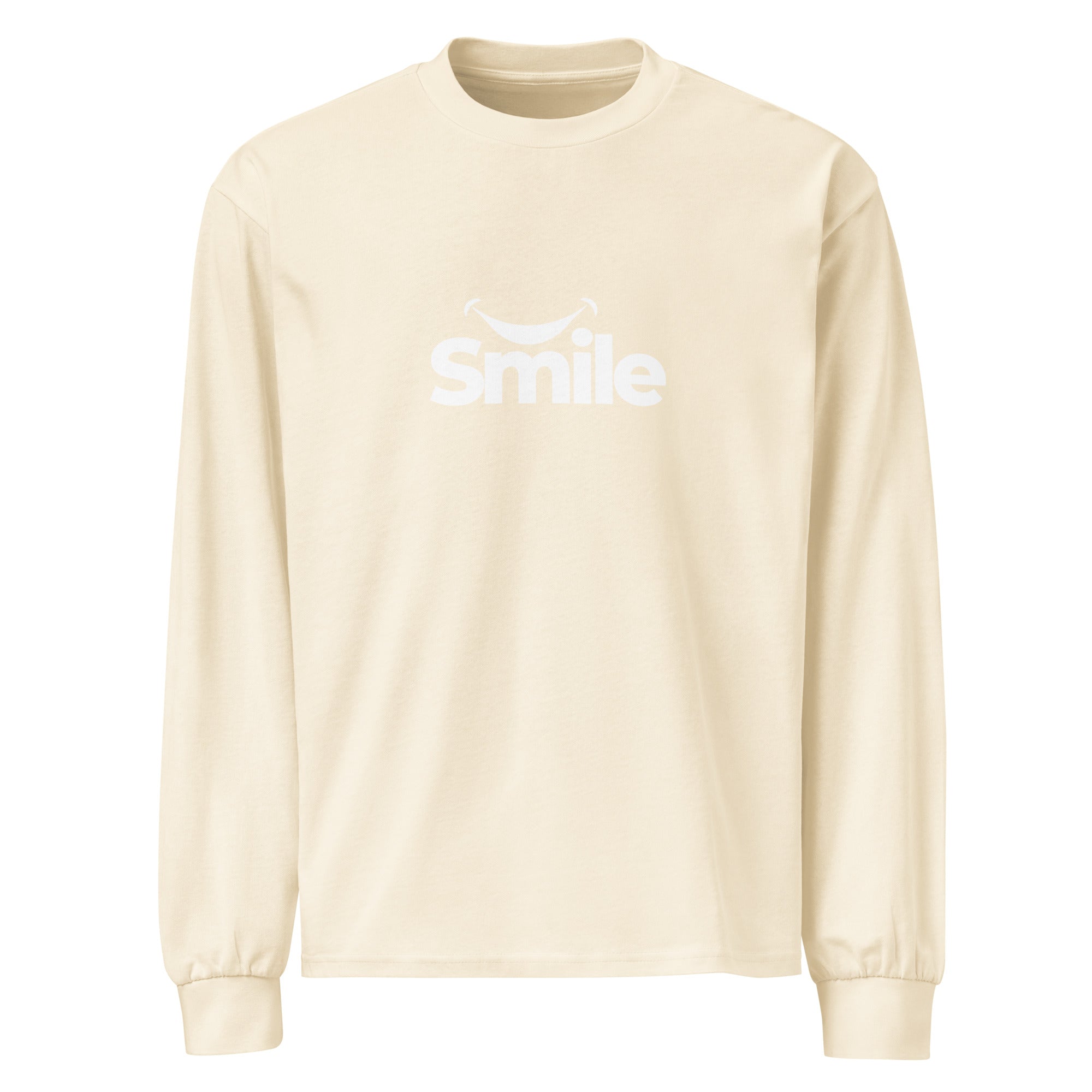 Unisex Premium Heavyweight Long Sleeve Shirt | Smile Ecru long sleeve shirt AwRans Clothing unisex-premium-heavyweight-long-sleeve-shirt-ecru-front-67f29f01bf888