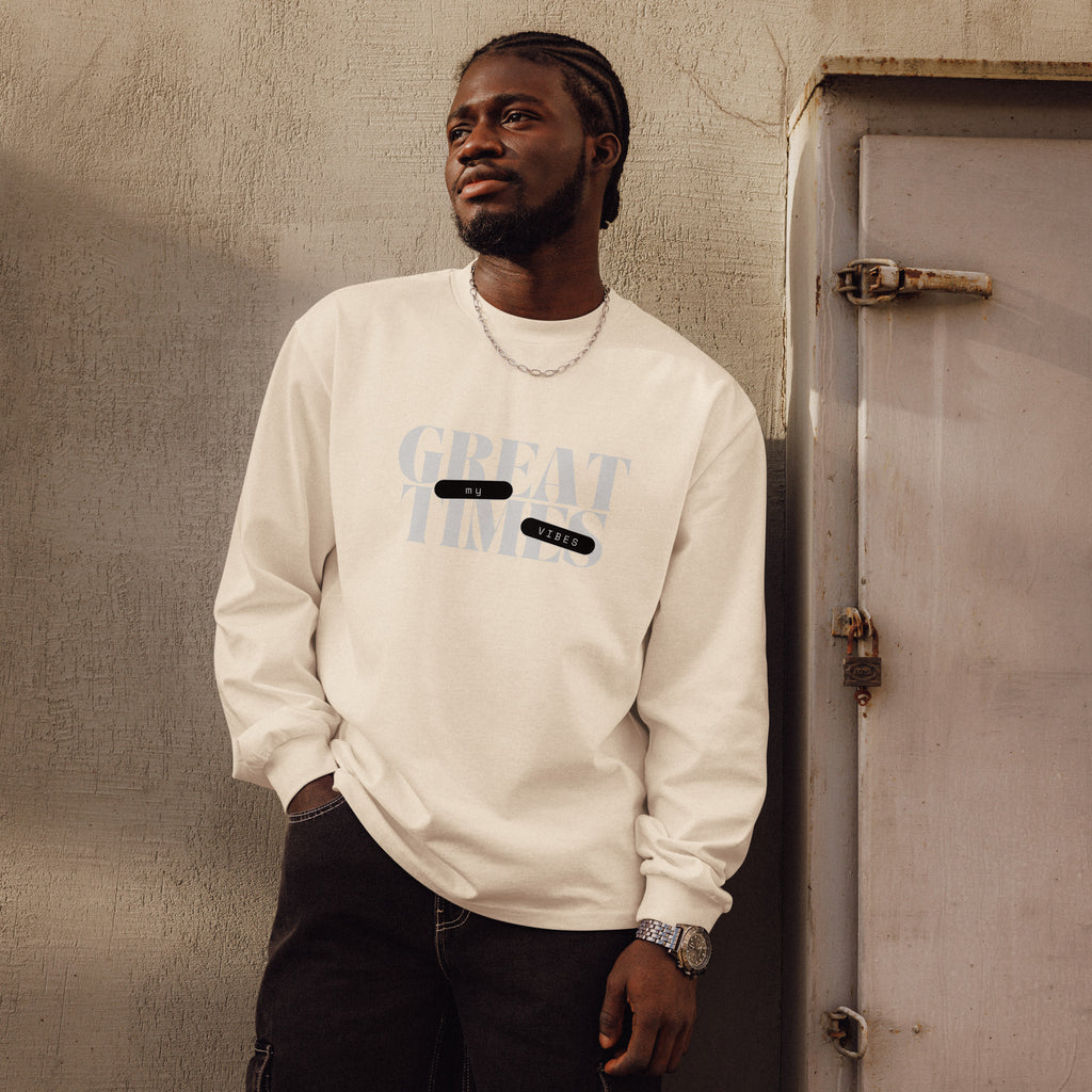 Unisex Premium Heavyweight Long Sleeve Shirt | My Vibes Great Time long sleeve shirt AwRans Clothing unisex-premium-heavyweight-long-sleeve-shirt-ecru-front-67f2a050b4d29