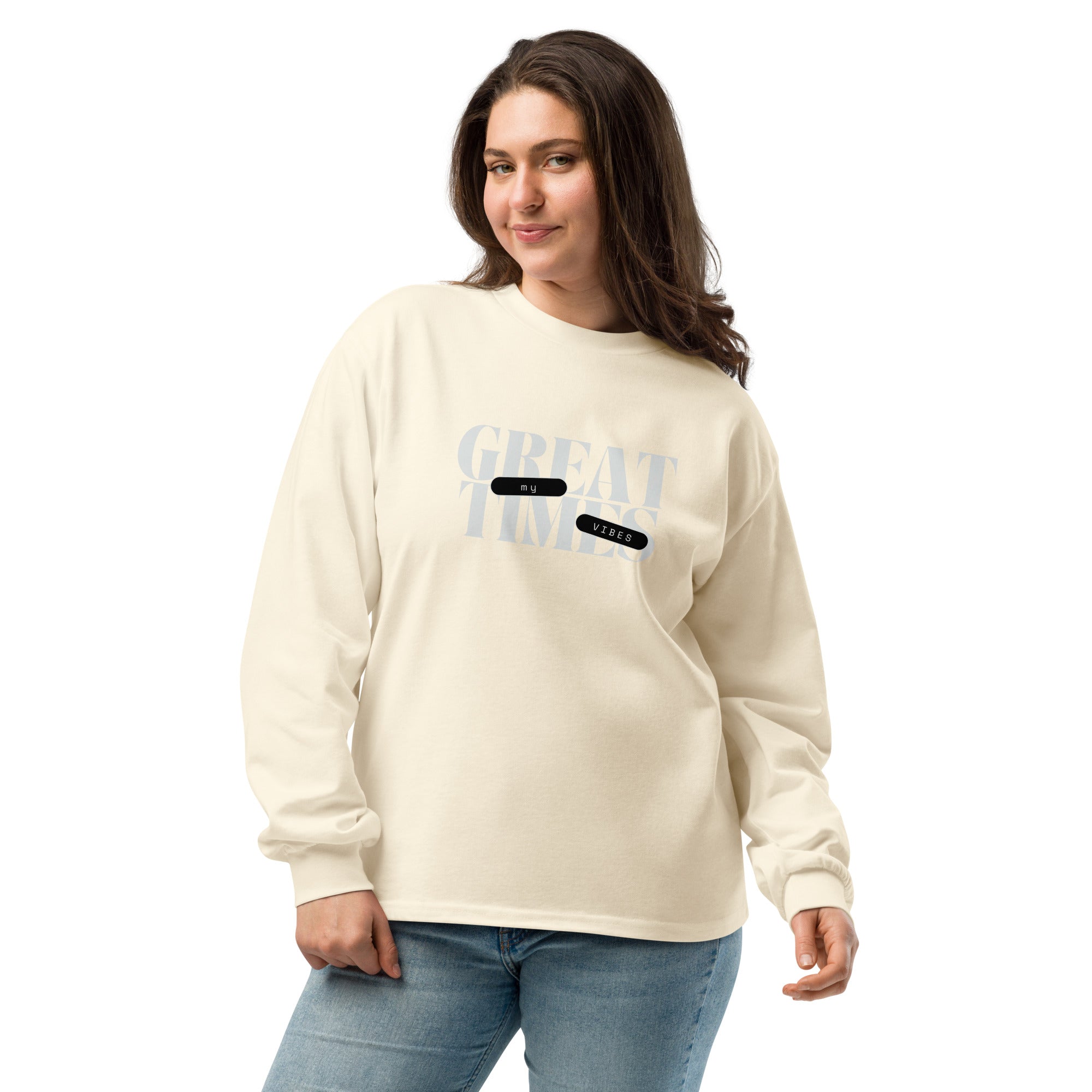 Unisex Premium Heavyweight Long Sleeve Shirt | My Vibes Great Time long sleeve shirt AwRans Clothing unisex-premium-heavyweight-long-sleeve-shirt-ecru-front-67f2a050b7445