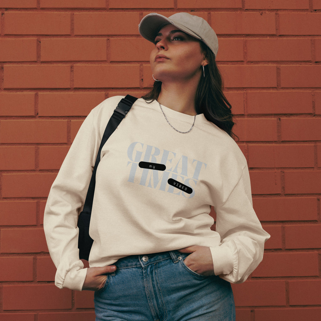Unisex Premium Heavyweight Long Sleeve Shirt | My Vibes Great Time long sleeve shirt AwRans Clothing unisex-premium-heavyweight-long-sleeve-shirt-ecru-front-67f2a050b9b16