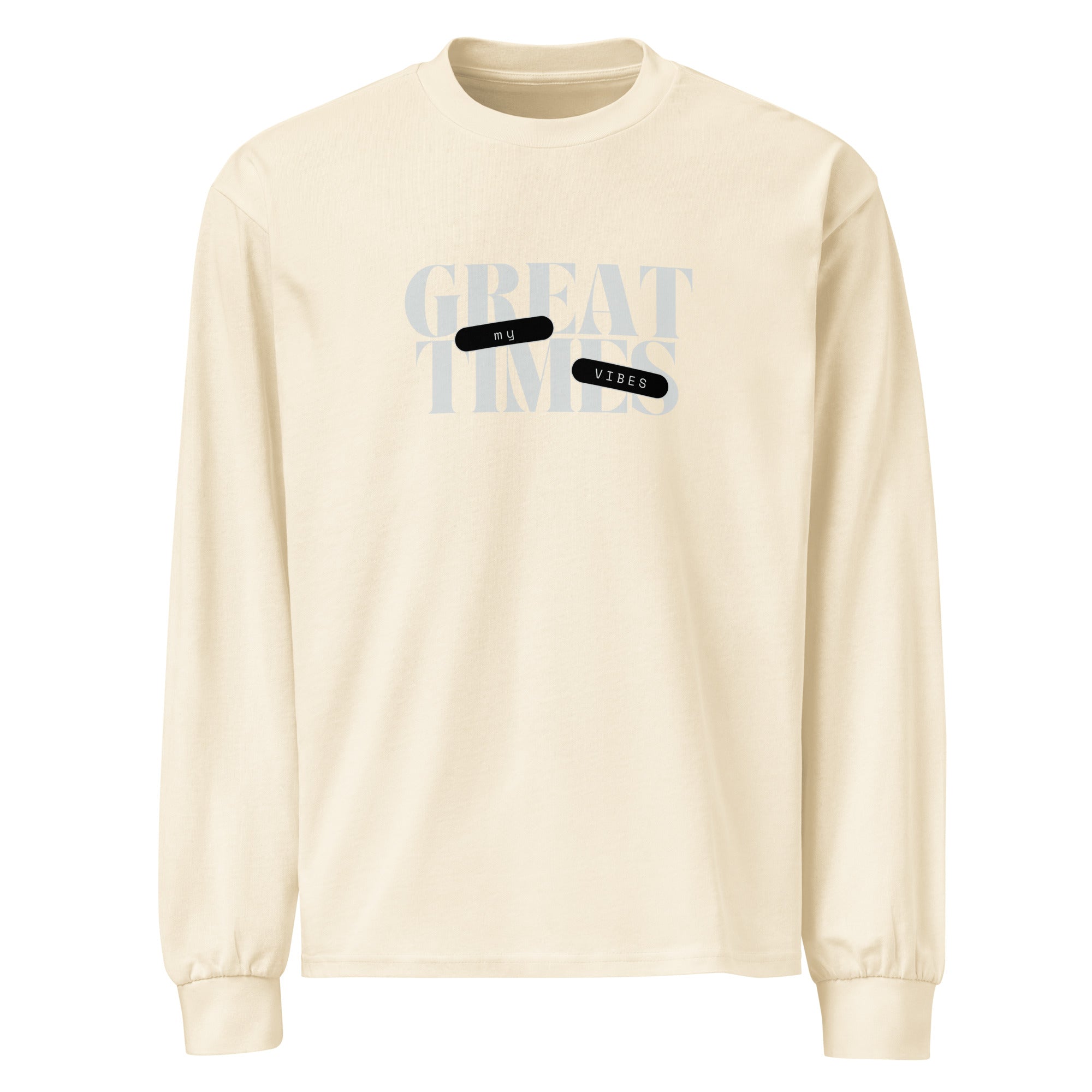 Unisex Premium Heavyweight Long Sleeve Shirt | My Vibes Great Time Ecru long sleeve shirt AwRans Clothing unisex-premium-heavyweight-long-sleeve-shirt-ecru-front-67f2a050d24dd
