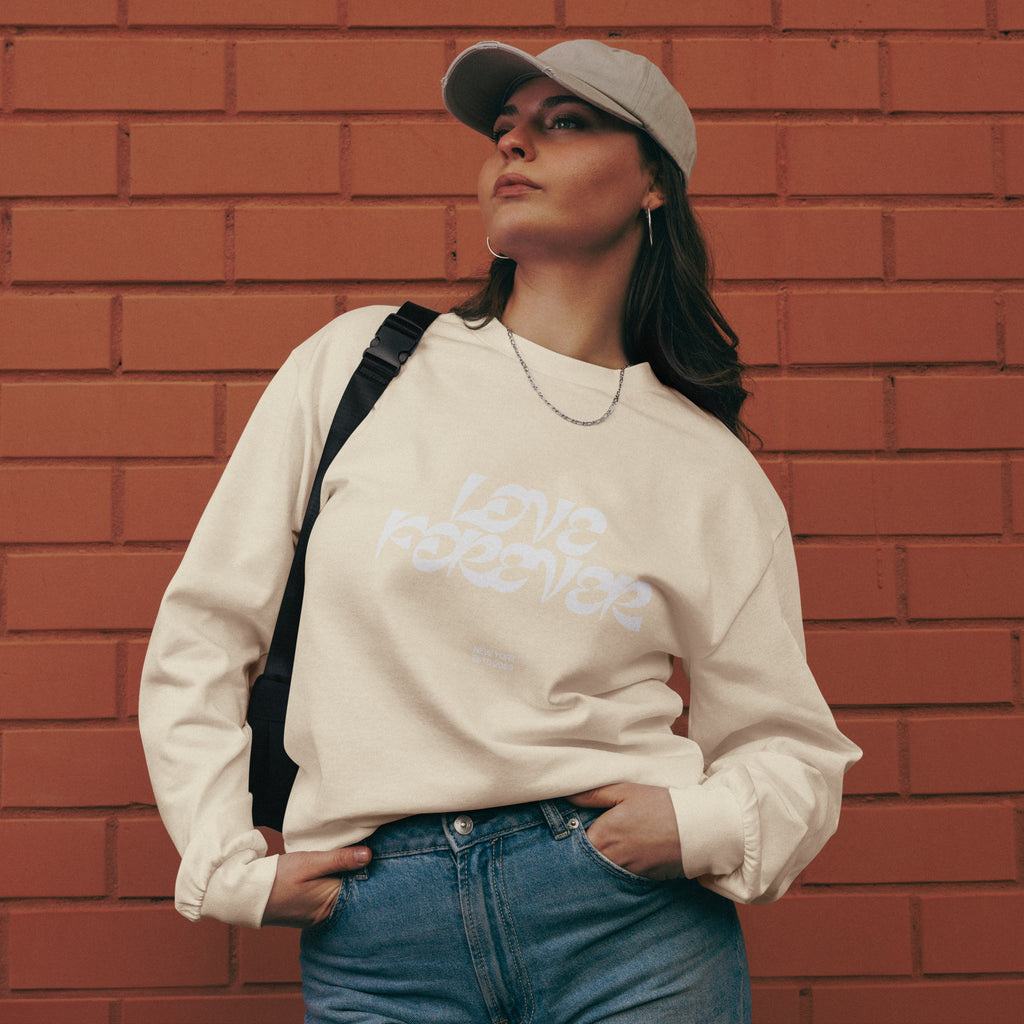 Unisex Premium Heavyweight Long Sleeve Shirt | Love Forever long sleeve shirt AwRans Clothing unisex-premium-heavyweight-long-sleeve-shirt-ecru-front-67f2c2d89e803