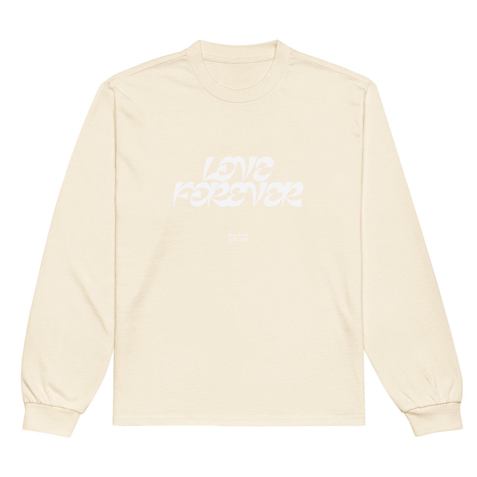 Unisex Premium Heavyweight Long Sleeve Shirt | Love Forever long sleeve shirt AwRans Clothing unisex-premium-heavyweight-long-sleeve-shirt-ecru-front-67f2c2d8a753a