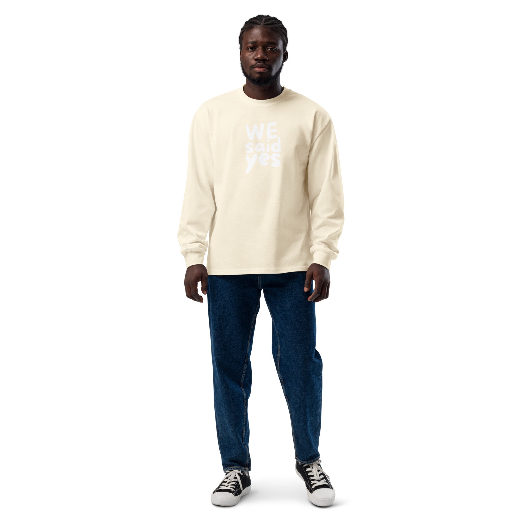Unisex Premium Heavyweight Long Sleeve Shirt | We Said Yes long sleeve shirt AwRans Clothing unisex-premium-heavyweight-long-sleeve-shirt-ecru-front-67f2c3680d931