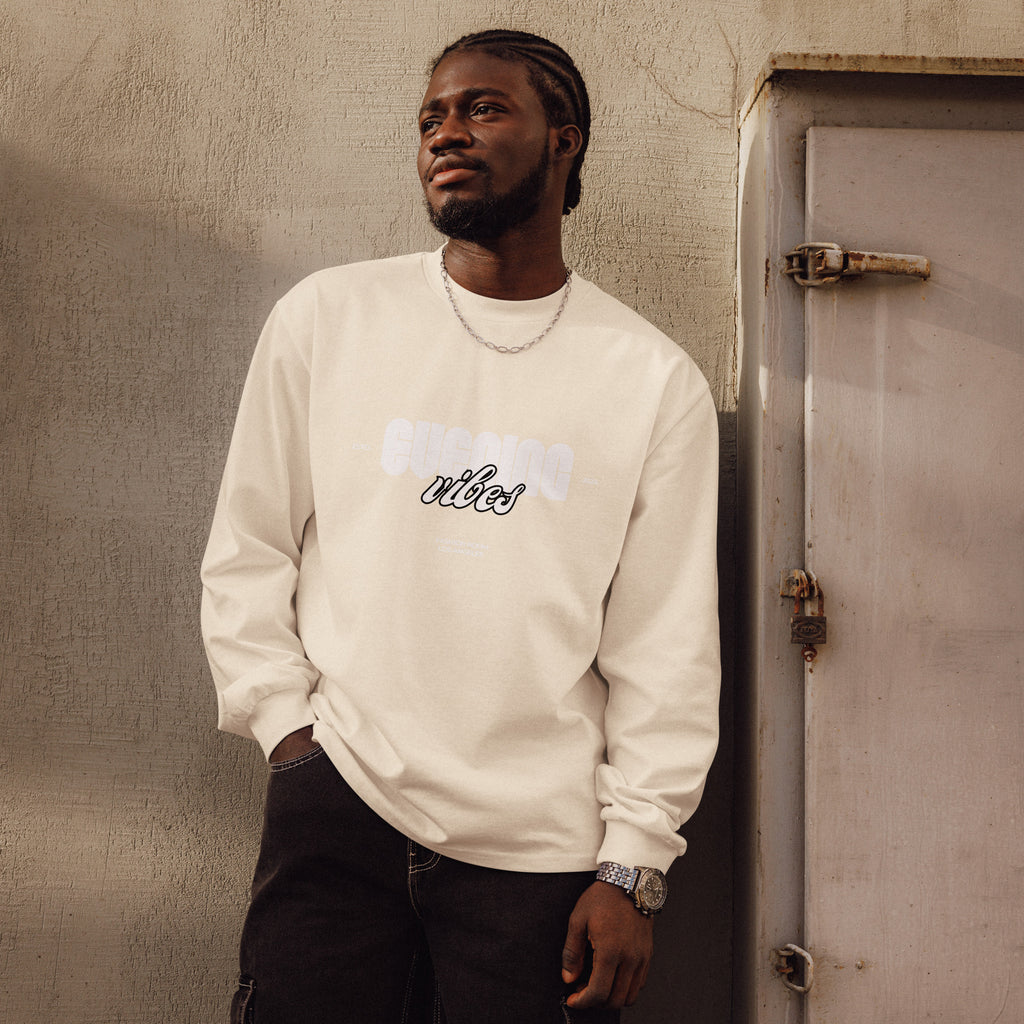 Unisex Premium Heavyweight Long Sleeve Shirt | Evening Vibes long sleeve shirt AwRans Clothing unisex-premium-heavyweight-long-sleeve-shirt-ecru-front-67f2c4170c383